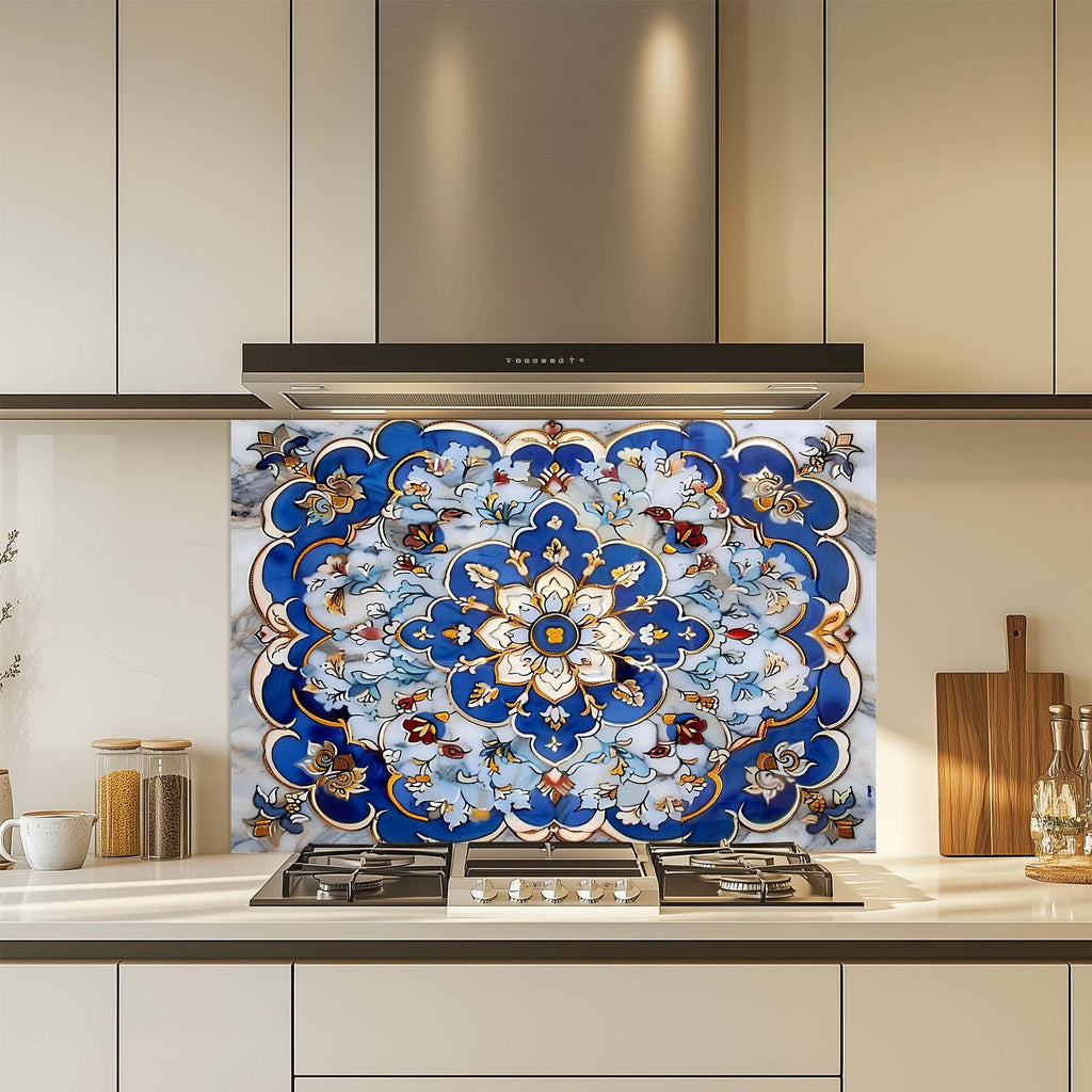 Royal Blue Mandala – Tempered Glass Backsplash for Kitchen – Floral Tile Splashback