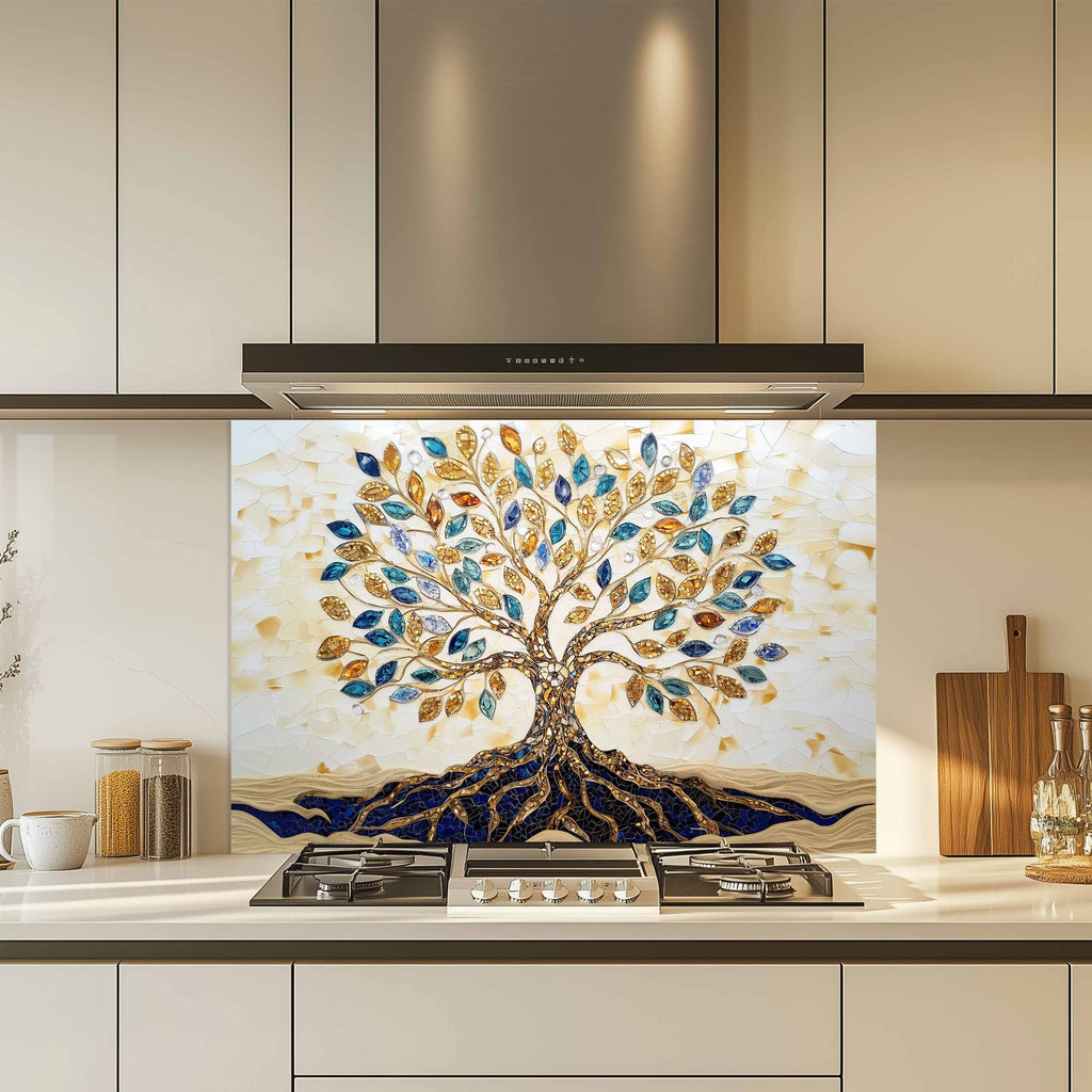 Custom Kitchen Backsplash – Golden Roots Tempered Glass Stove Backsplash