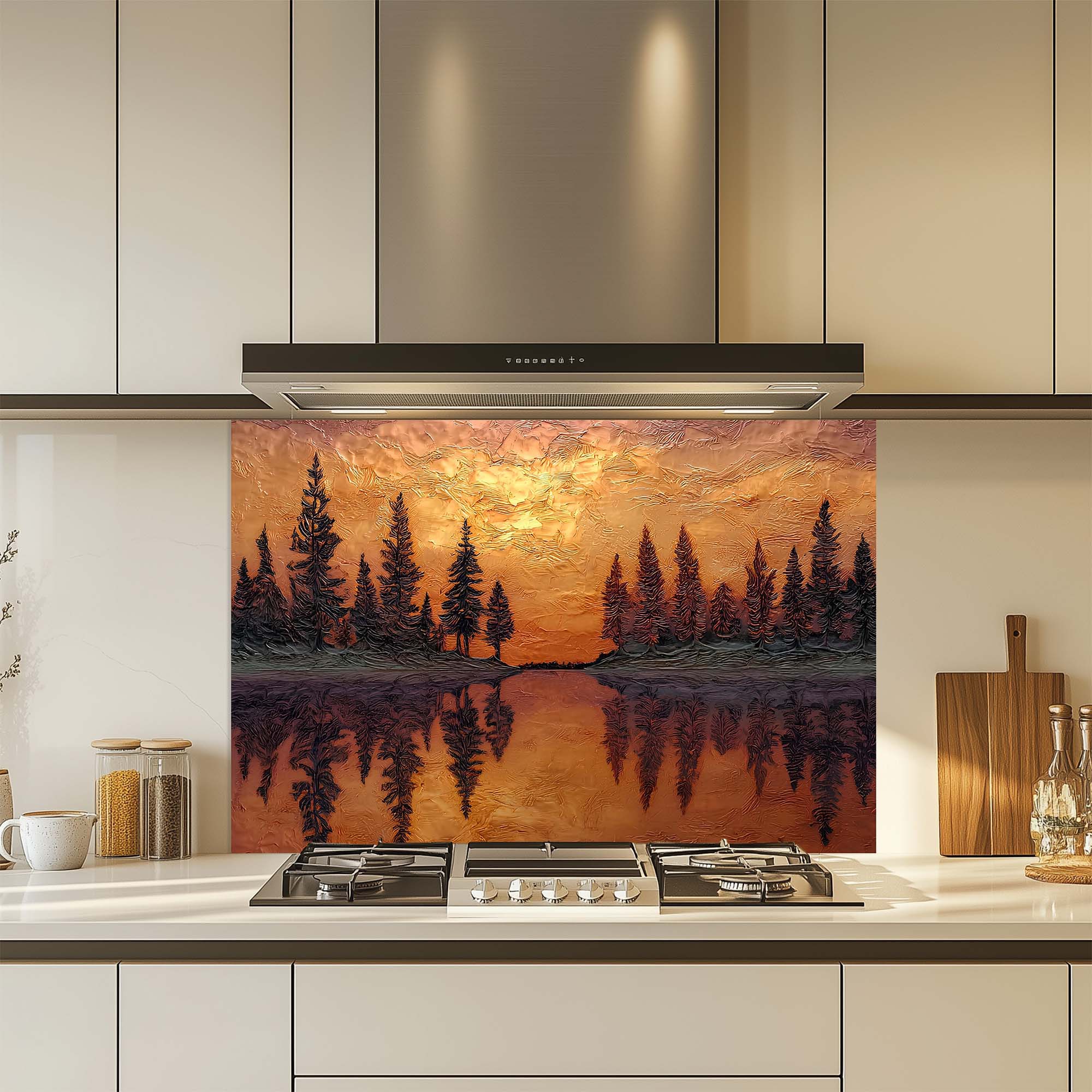Sunset Reflection – Tempered Glass Backsplash for Kitchen – Copper Look Glass Backsplash