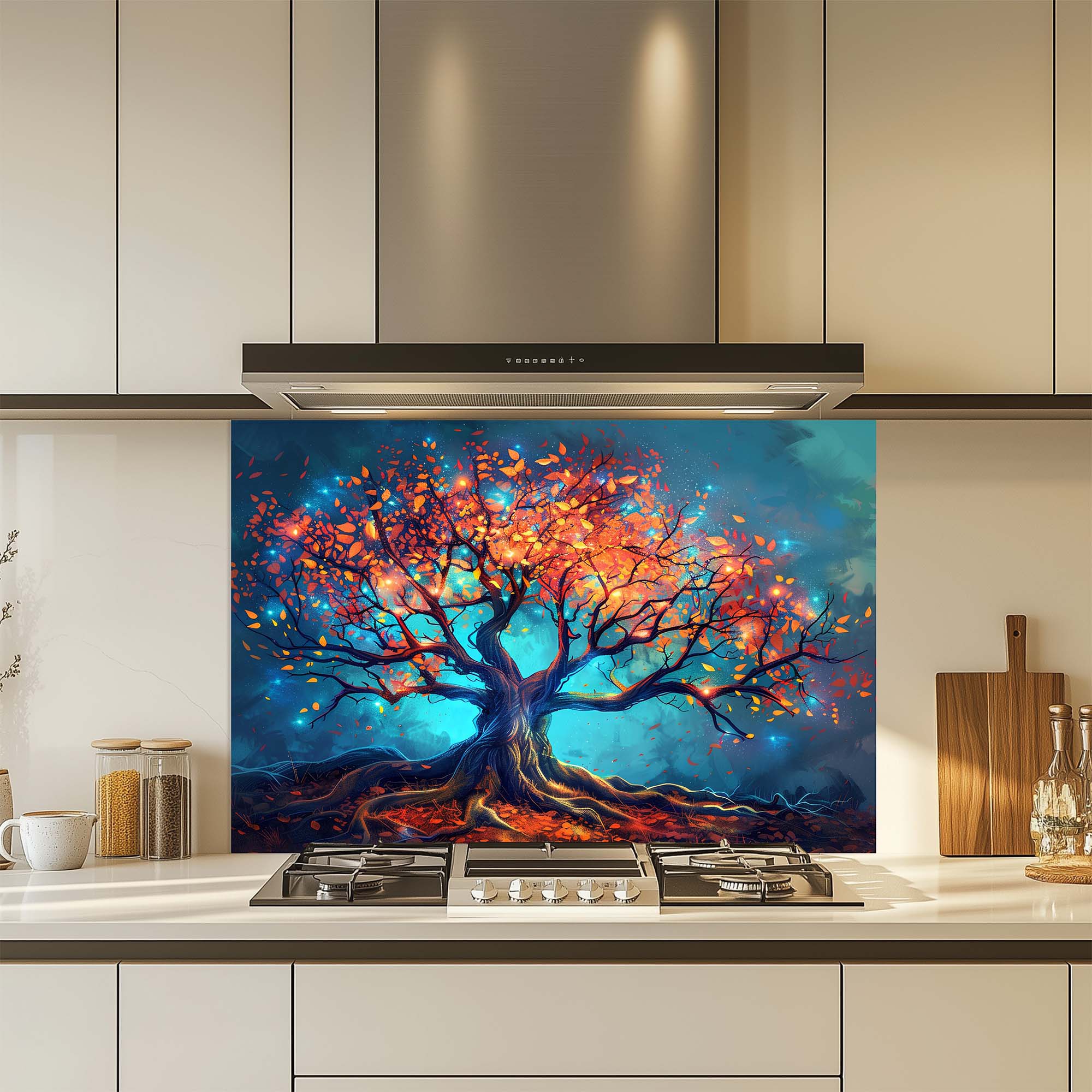 Enchanted Tree of Light – Tempered Glass Backsplash for Kitchen – Nature Splashback