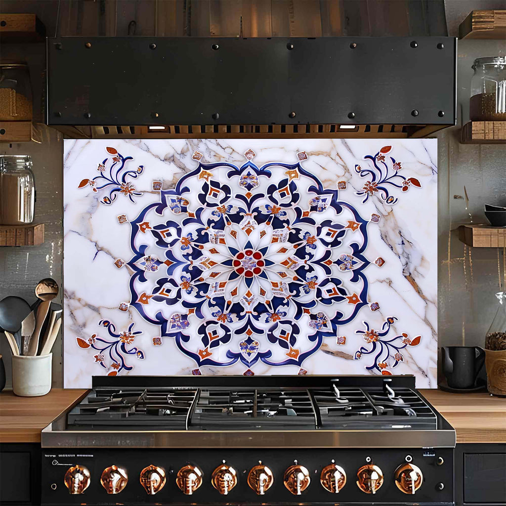 Imperial Mosaic – Tempered Glass Backsplash for Kitchen – Blue & Gold Mandala Splashback