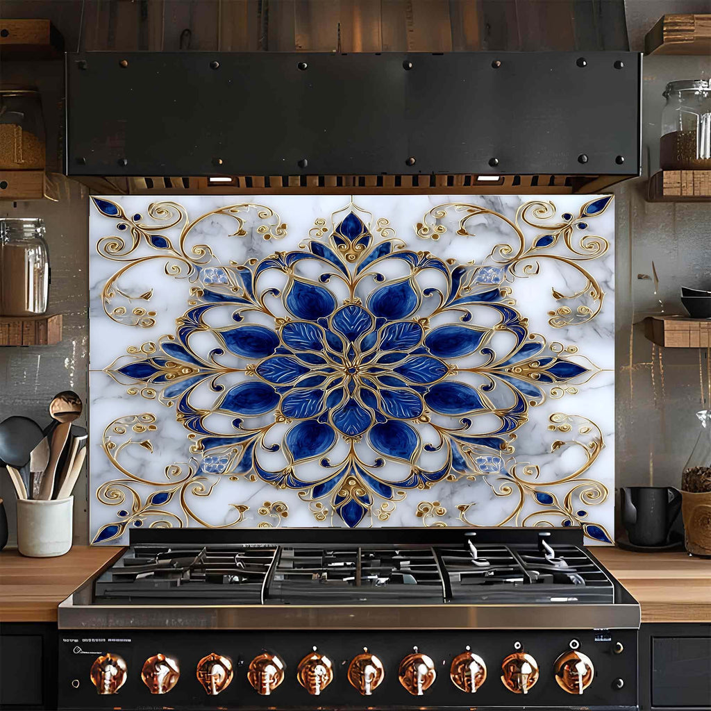 Majestic Sapphire – Tempered Glass Backsplash for Kitchen – Blue & Gold Mandala Splashback