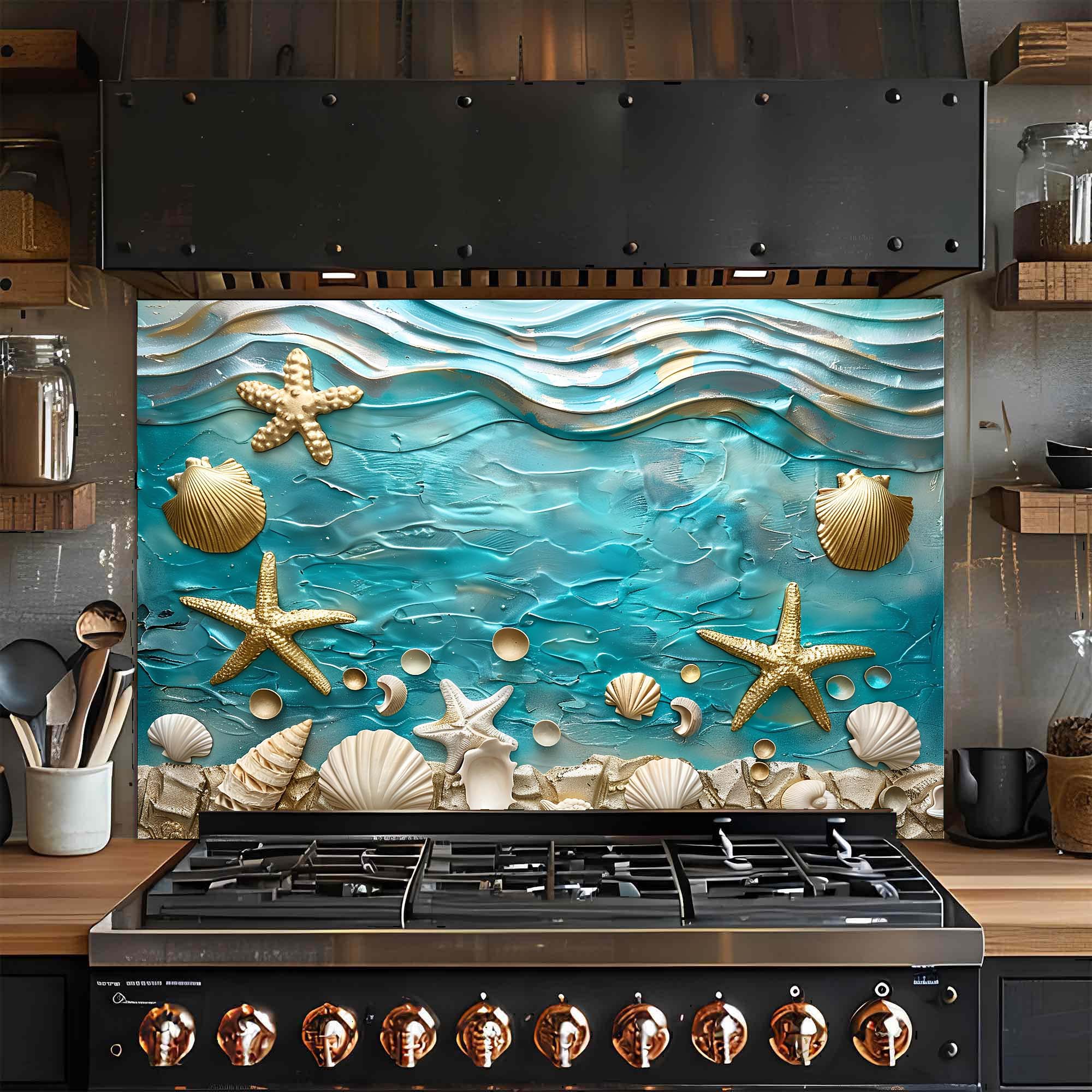 Ocean Breeze – Tempered Glass Backsplash for Kitchen – Coastal Seashell Splashback