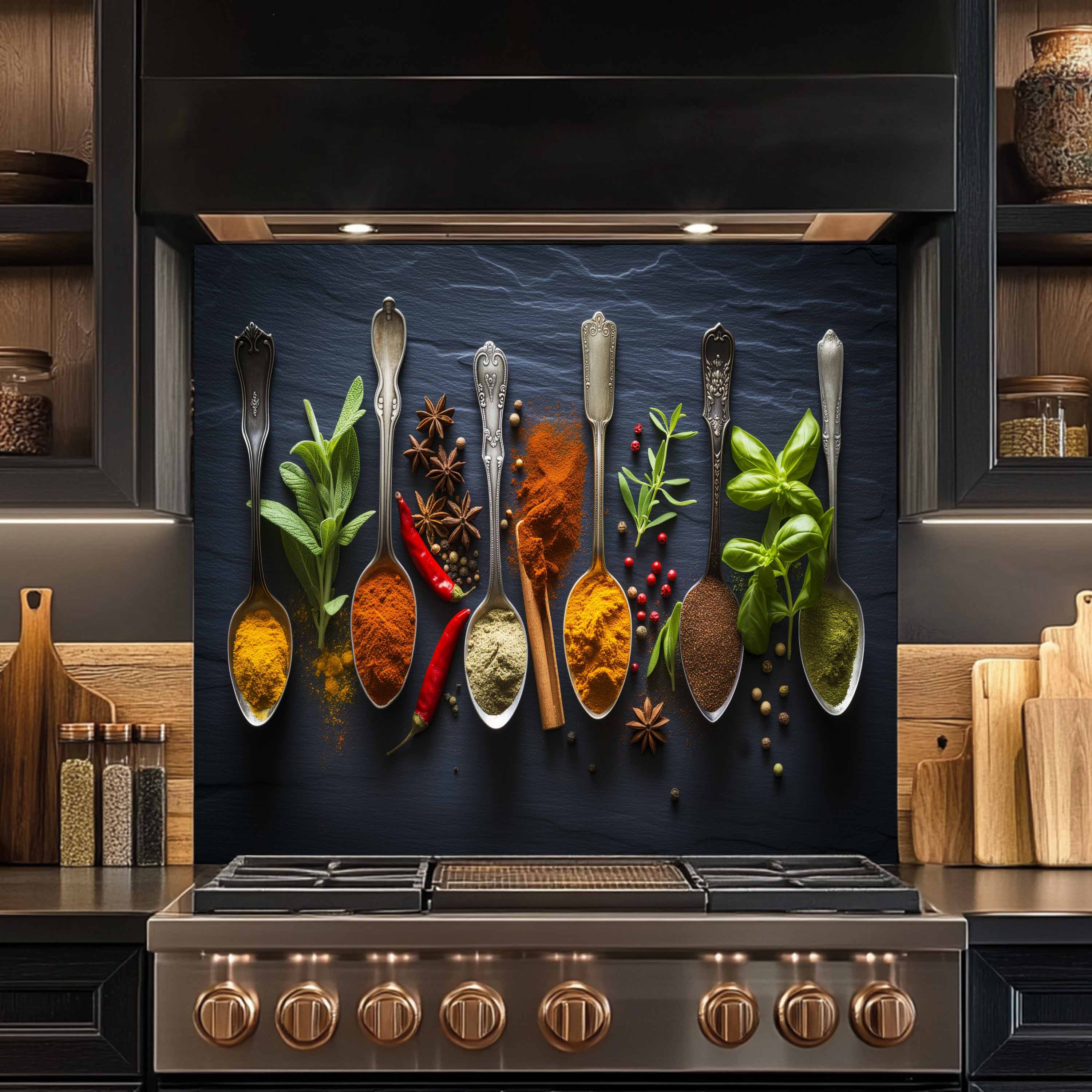 Spice Harmony Tempered Glass Backsplash – Culinary Art Kitchen Wall Decor