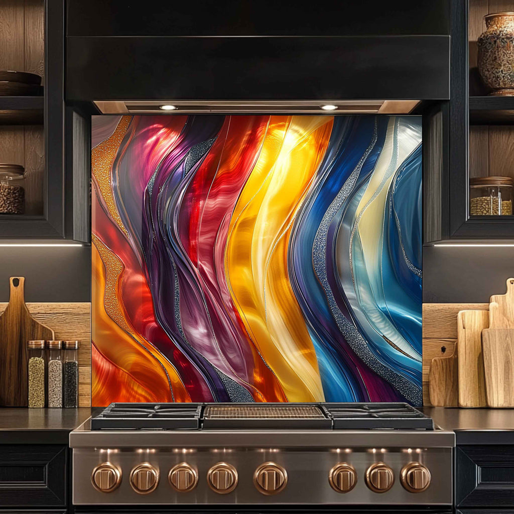 Aurora Waves Tempered Glass Backsplash – Modern Abstract Custom Kitchen Wall Panel
