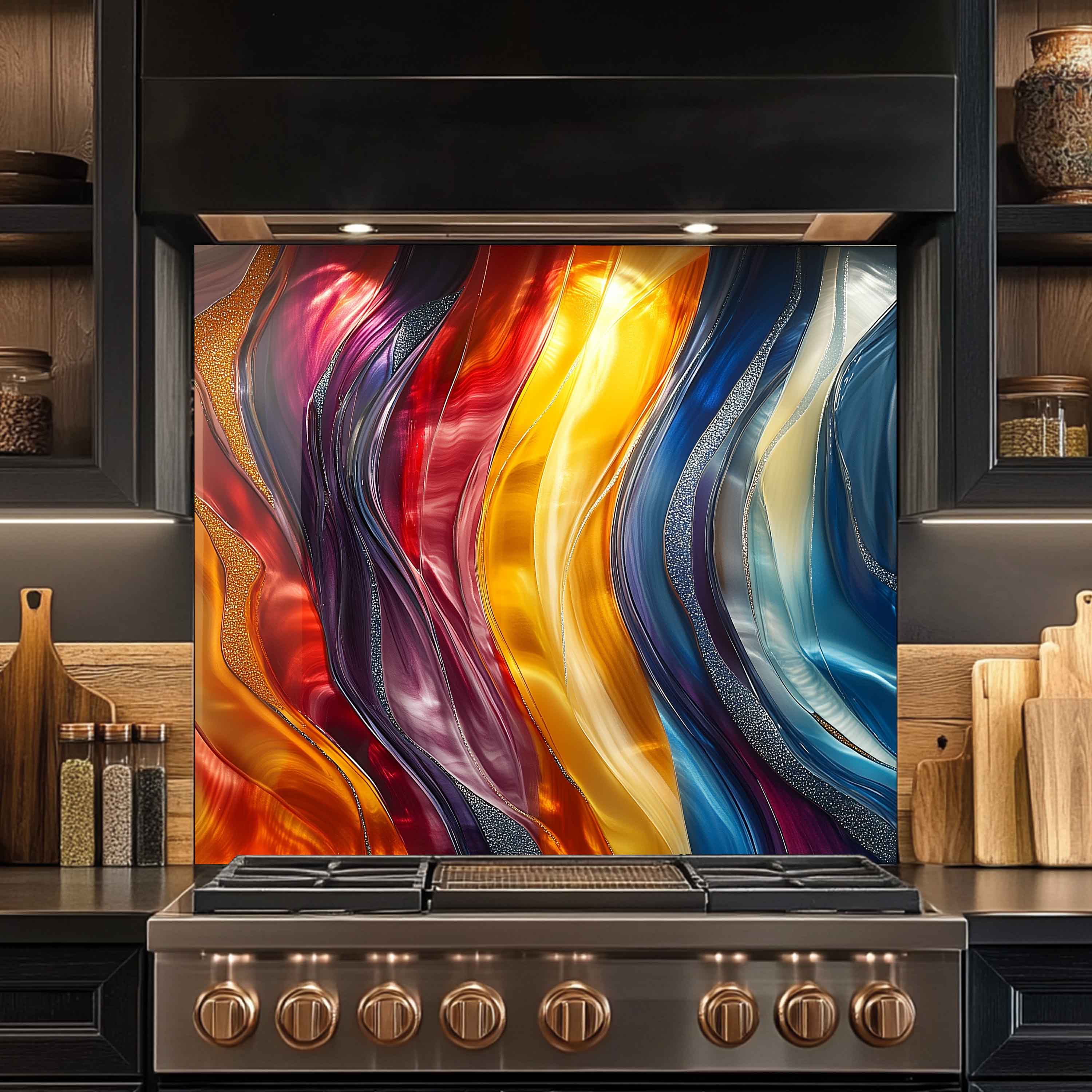 Aurora Waves Tempered Glass Backsplash – Modern Abstract Custom Kitchen Wall Panel