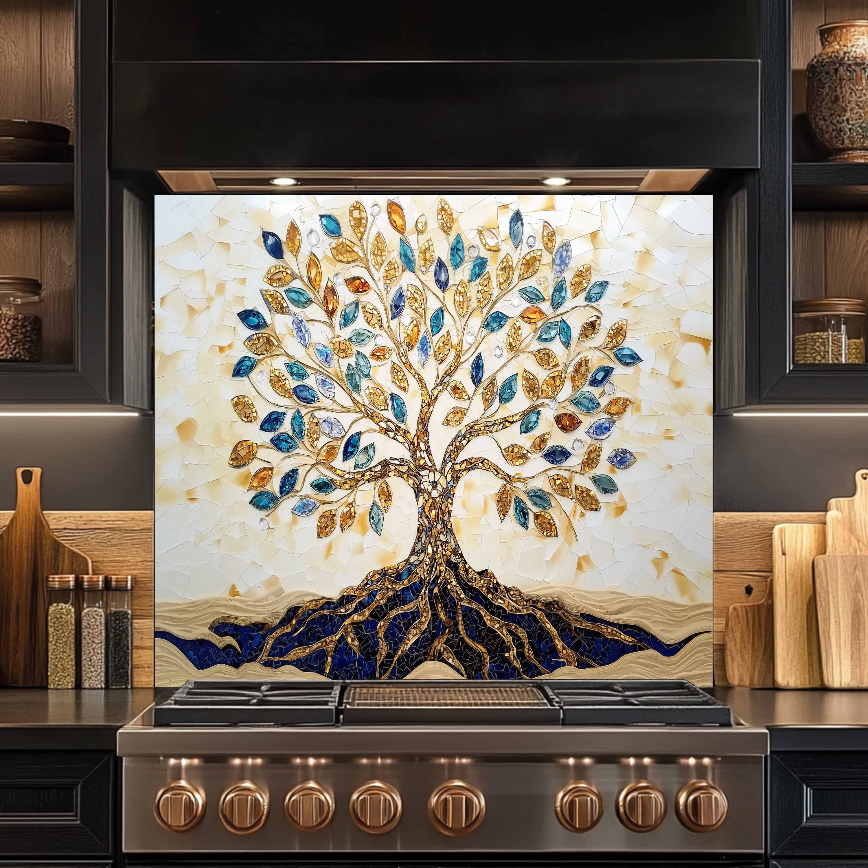 Custom Kitchen Backsplash – Golden Roots Tempered Glass Stove Backsplash