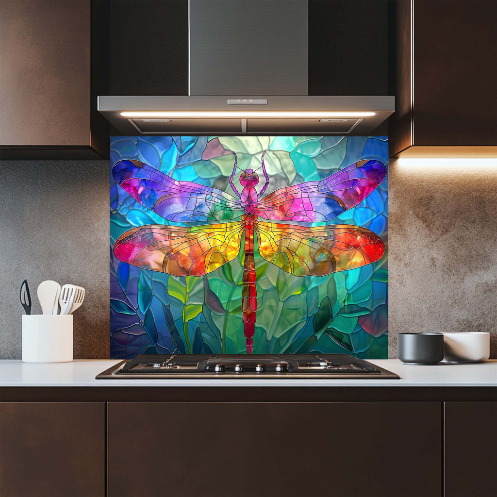 Rainbow Dragonfly – Tempered Glass Backsplash for Kitchen – Stained Glass Look Splashback