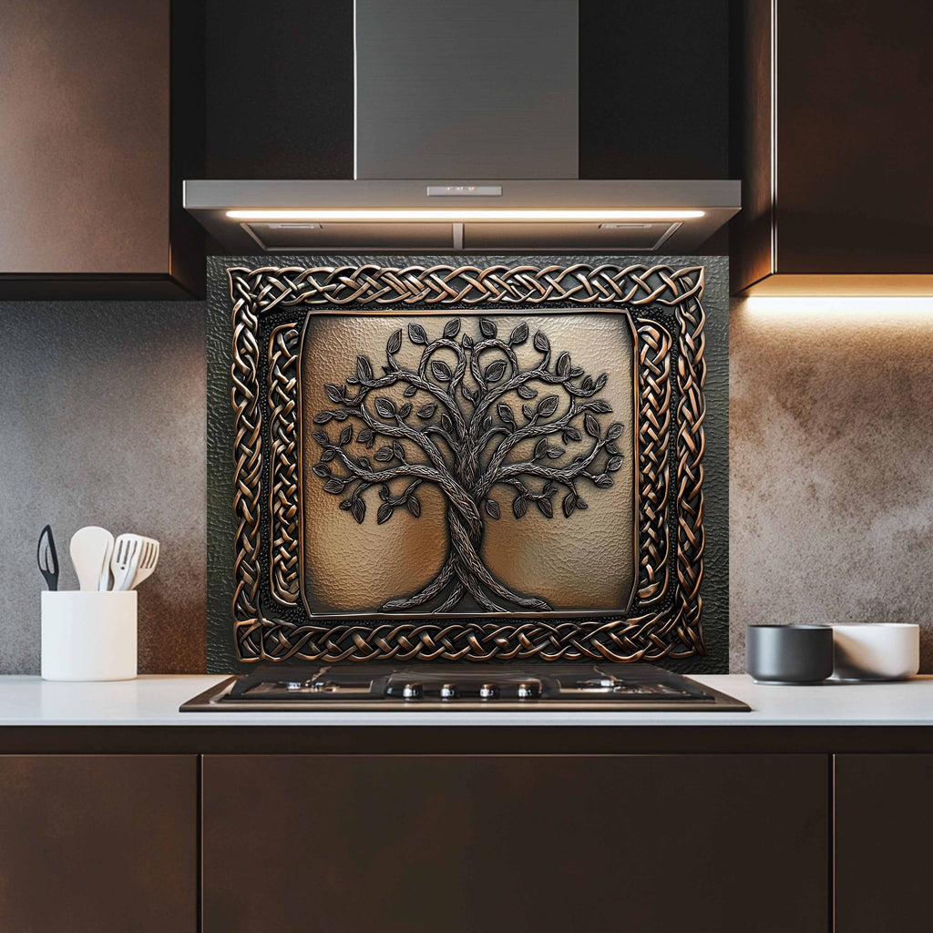 Custom Kitchen Backsplash – Celtic Roots Tempered Glass Stove Backsplash