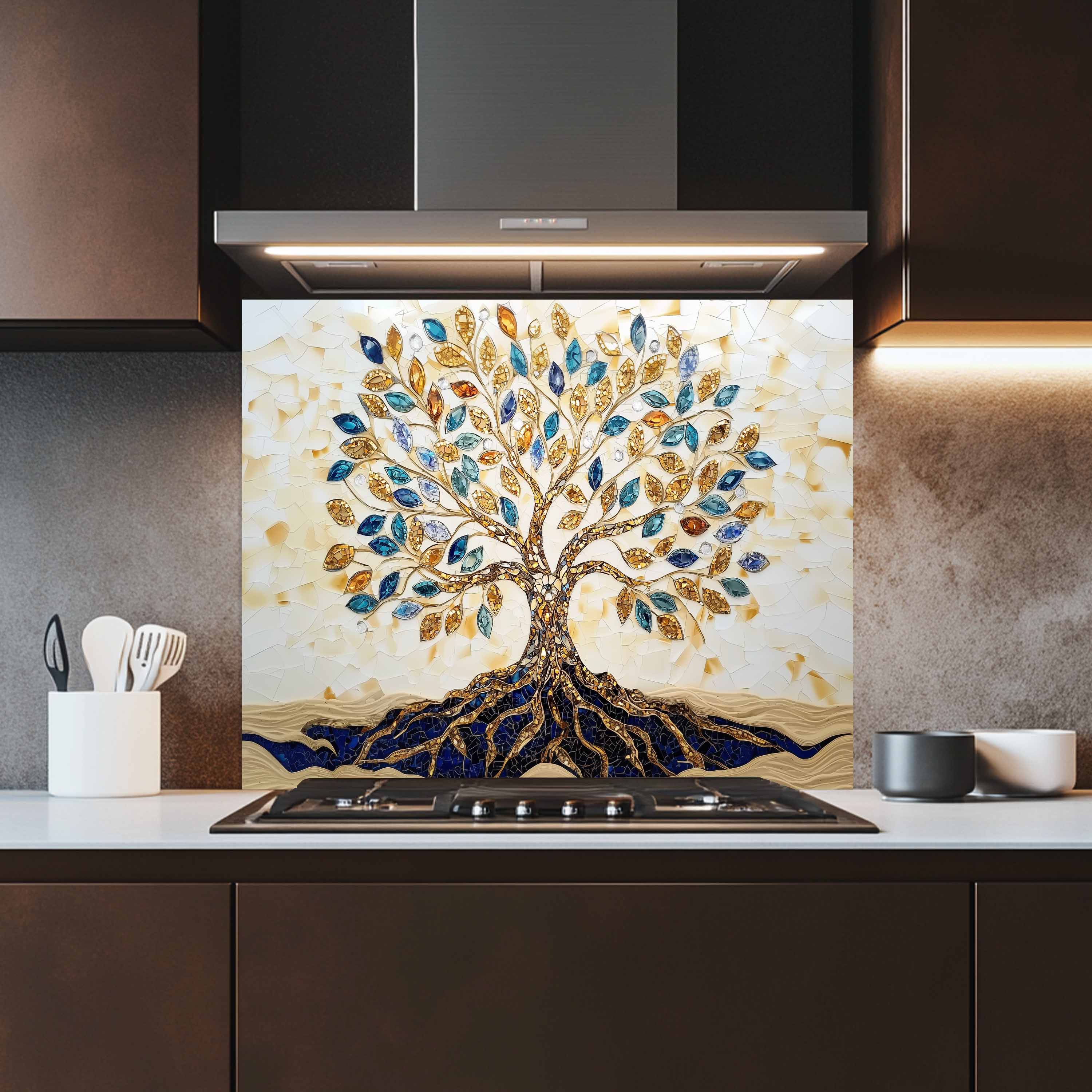 Custom Kitchen Backsplash – Golden Roots Tempered Glass Stove Backsplash