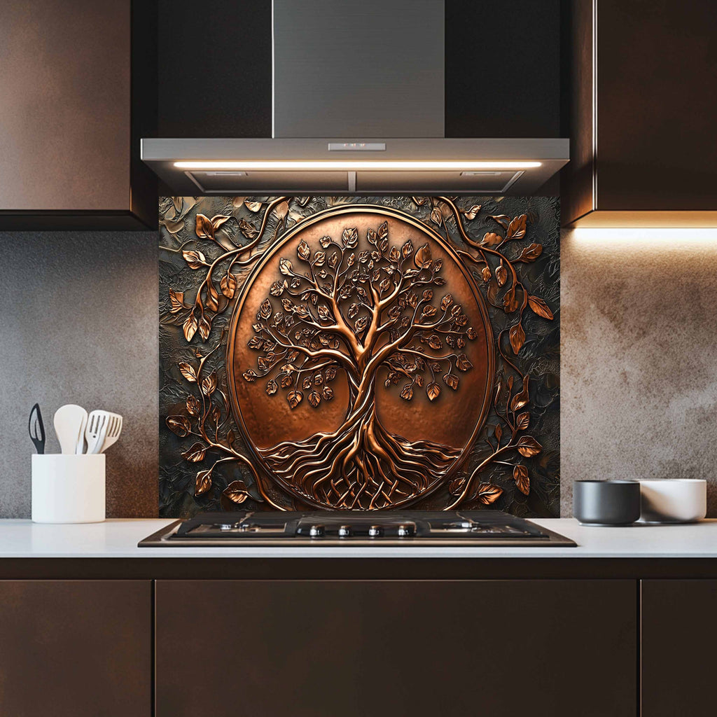 Custom Kitchen Backsplash – Copper Look Tree Tempered Glass Stove Backsplash