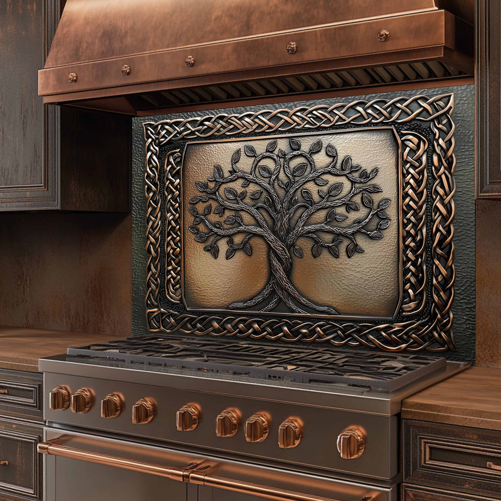 Custom Kitchen Backsplash – Celtic Roots Tempered Glass Stove Backsplash