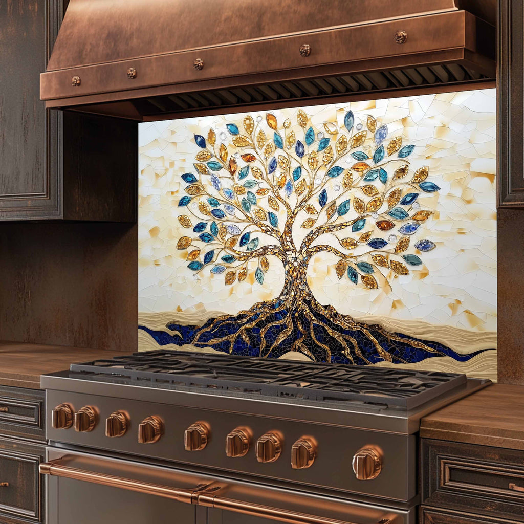 Custom Kitchen Backsplash – Golden Roots Tempered Glass Stove Backsplash