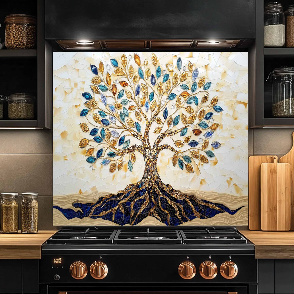 Custom Kitchen Backsplash – Golden Roots Tempered Glass Stove Backsplash
