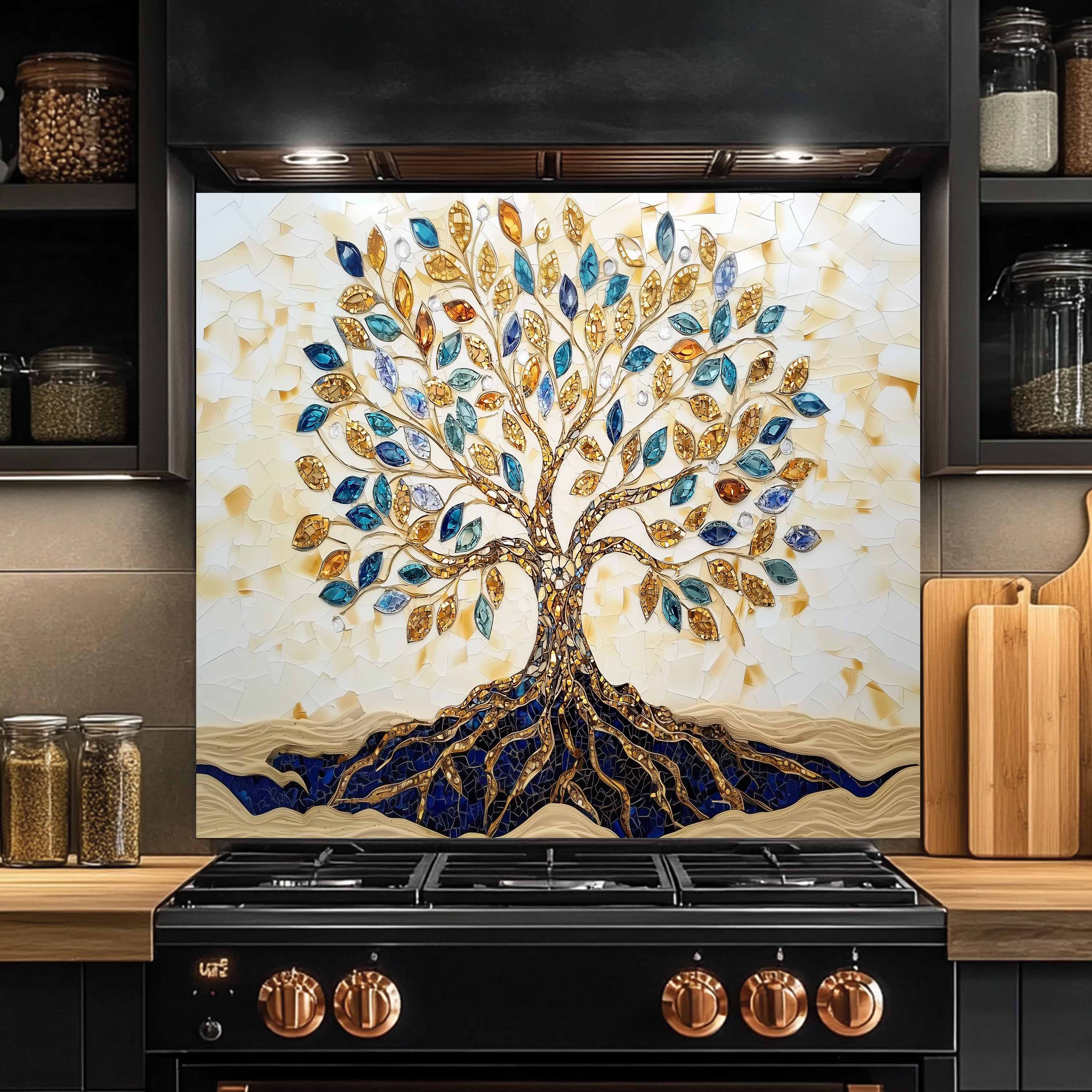 Custom Kitchen Backsplash – Golden Roots Tempered Glass Stove Backsplash