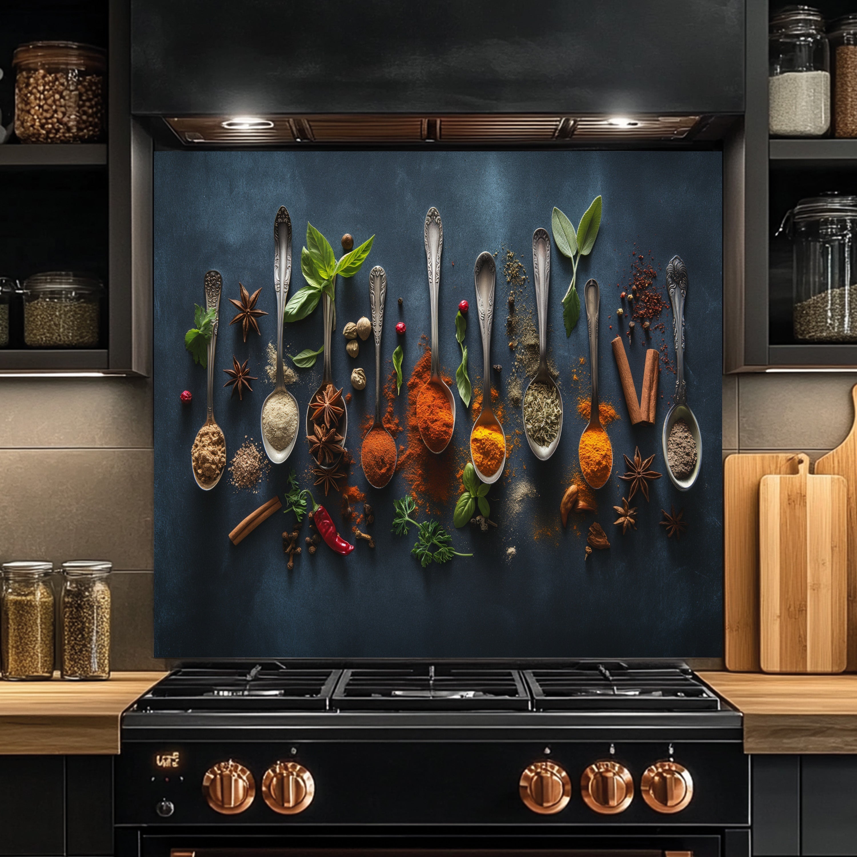 Culinary Symphony Tempered Glass Backsplash – Spice Art Kitchen Wall Decor