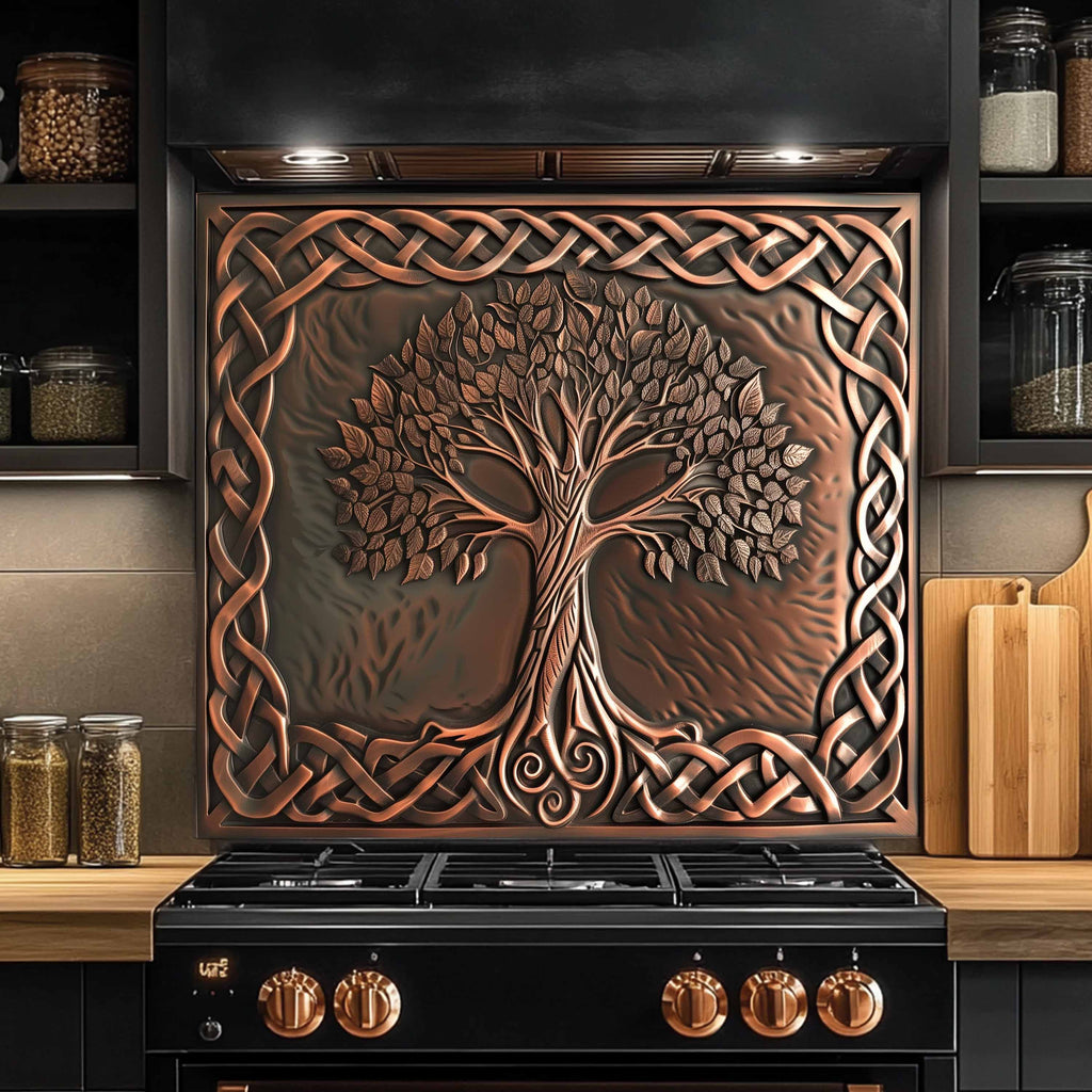 Custom Kitchen Backsplash – Copper Knot Look Tempered Glass Stove Backsplash