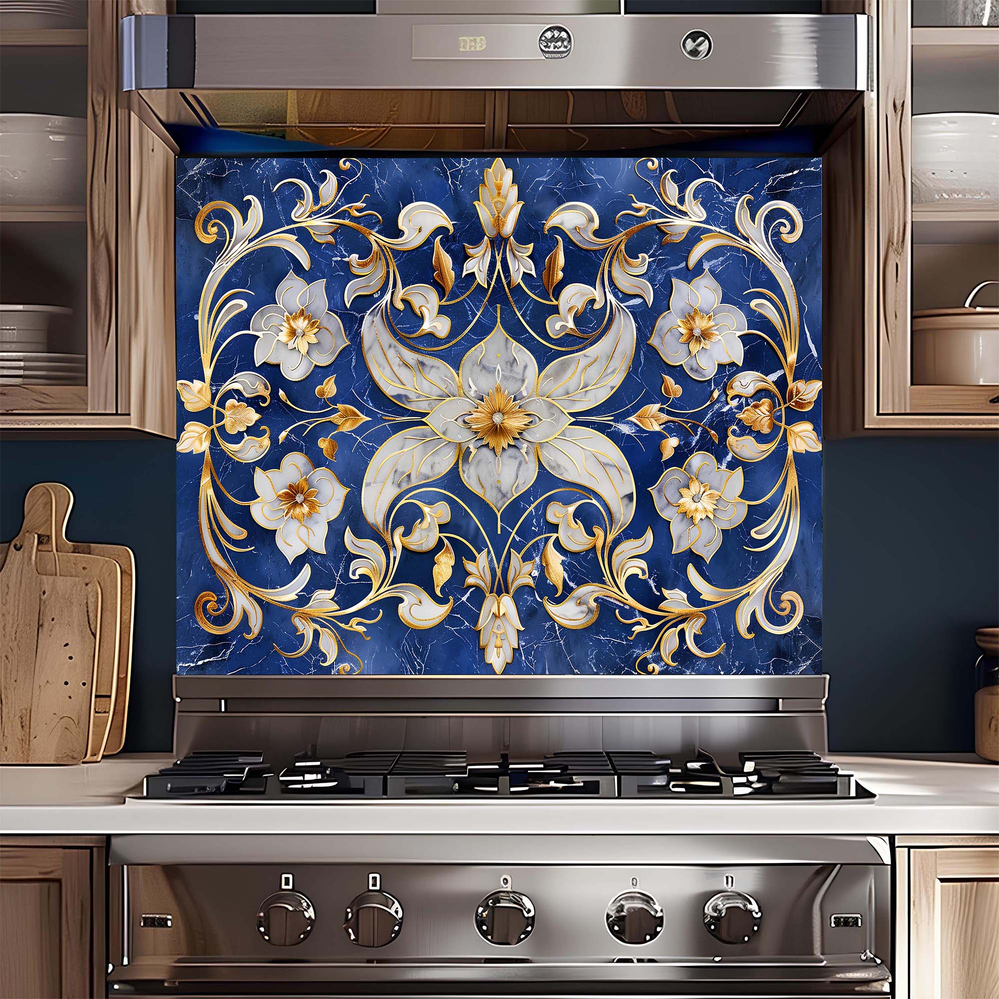 Custom Kitchen Backsplash – Imperial Bloom Tempered Glass Stove Backsplash