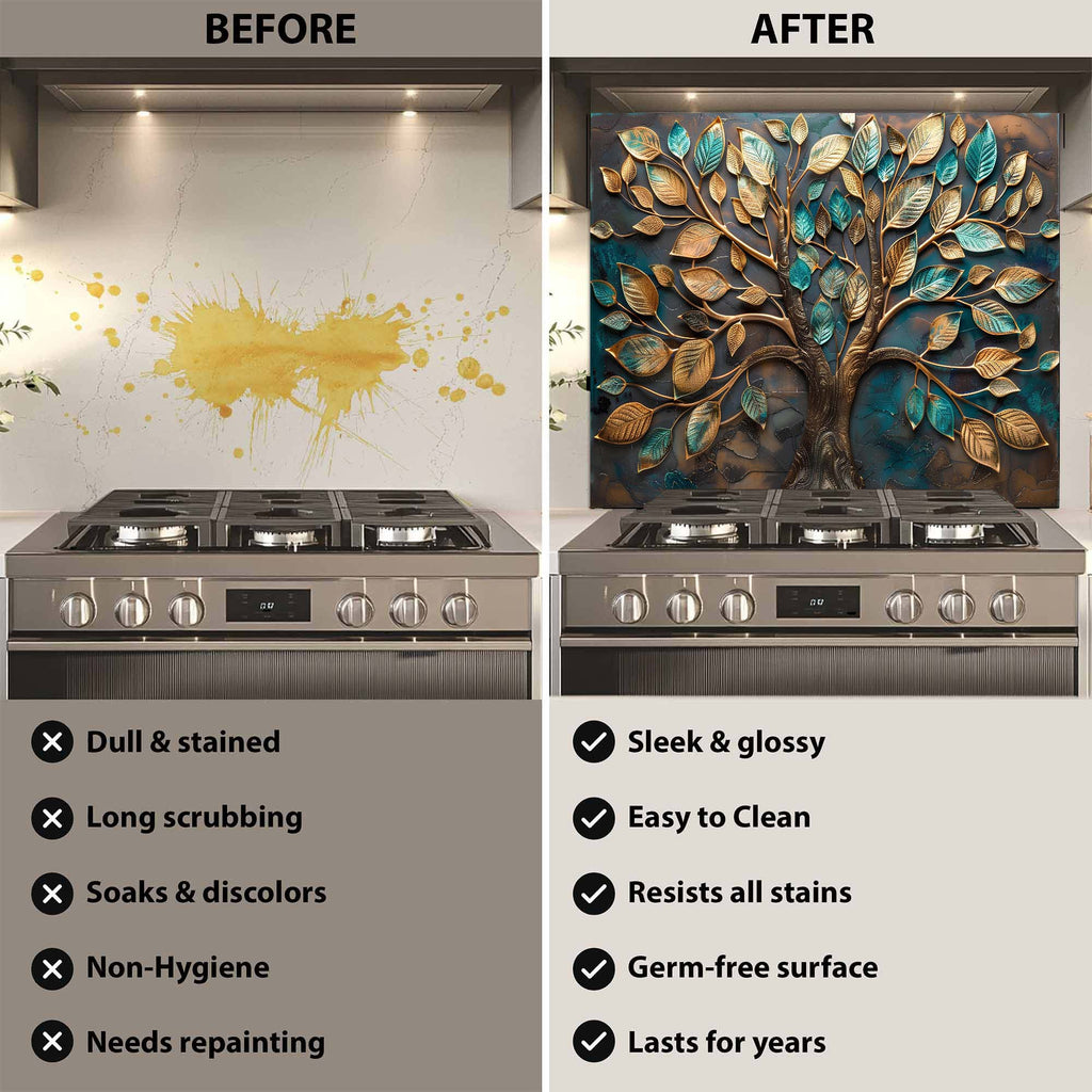 Custom Kitchen Backsplash – Golden Grove Tempered Glass Stove Backsplash