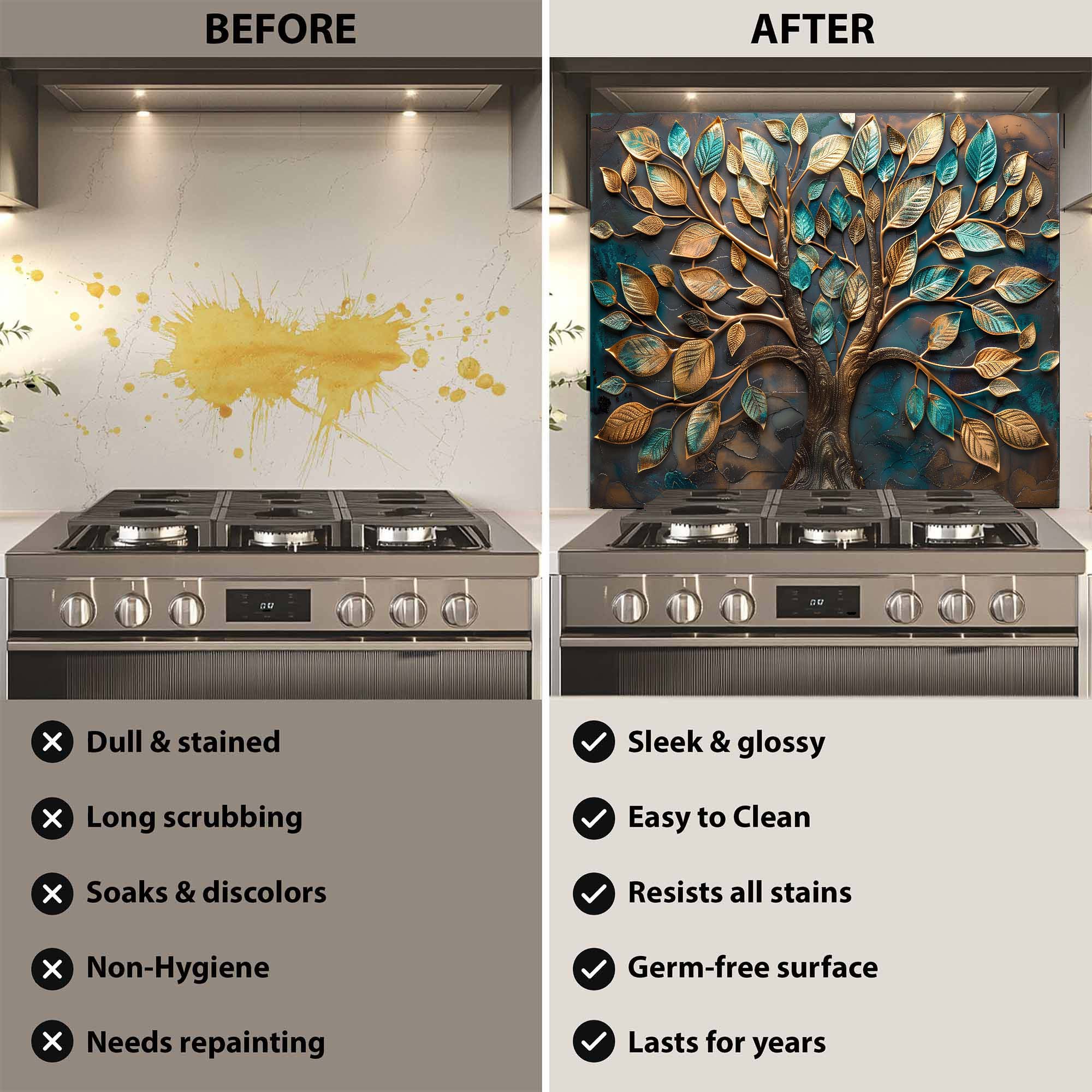 Custom Kitchen Backsplash – Golden Grove Tempered Glass Stove Backsplash