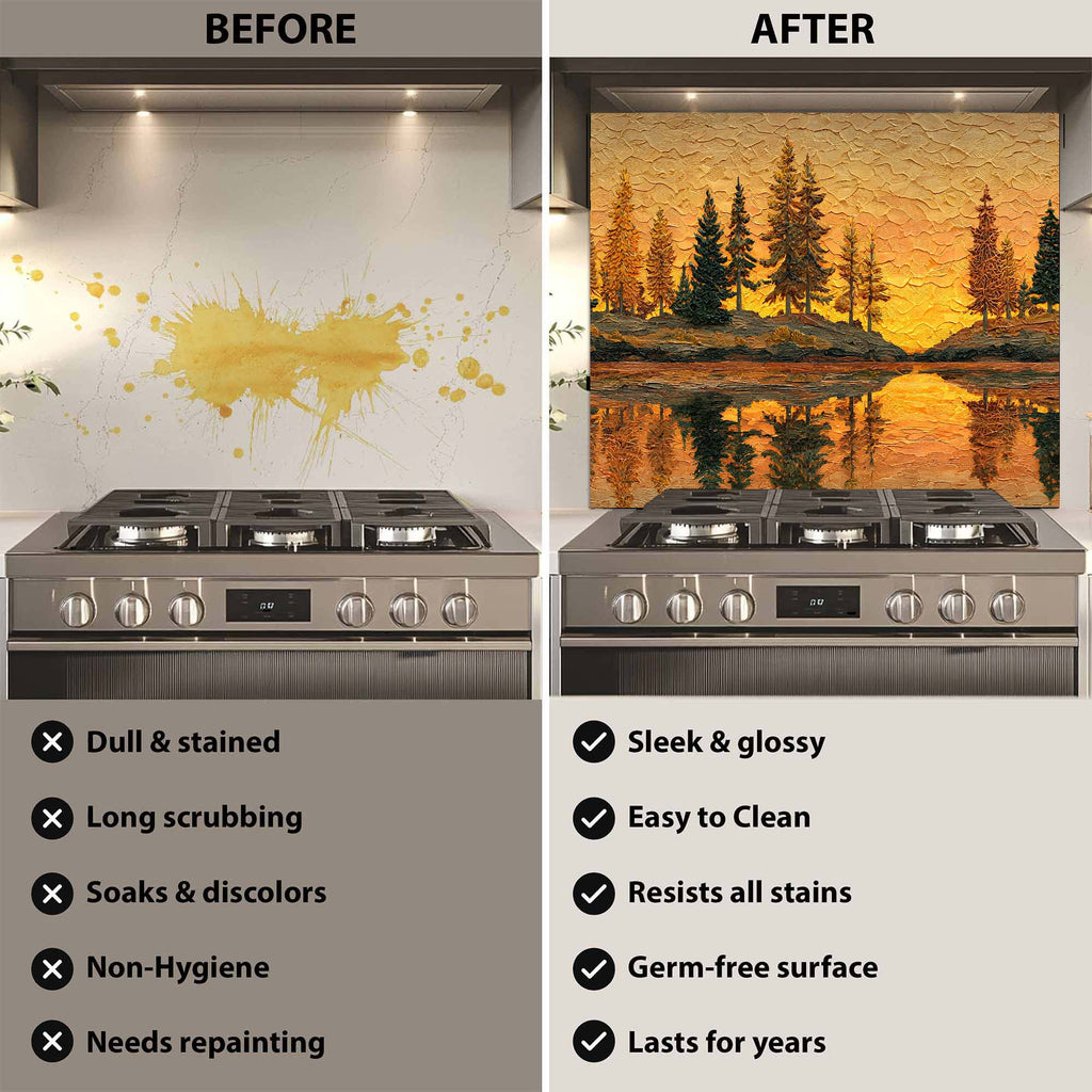 Custom Kitchen Backsplash – Golden Sunset Forest Tempered Glass Backsplash