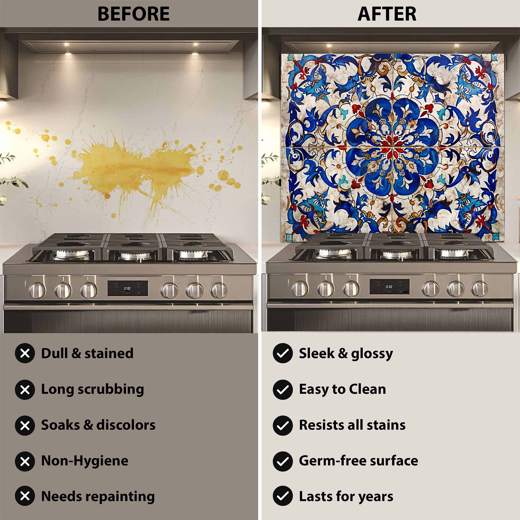 Custom Kitchen Backsplash – Ottoman Blue Tile Tempered Glass Stove Backsplash