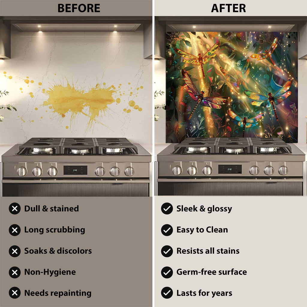 Custom Kitchen Backsplash – Enchanted Flight Tempered Glass Stove Backsplash