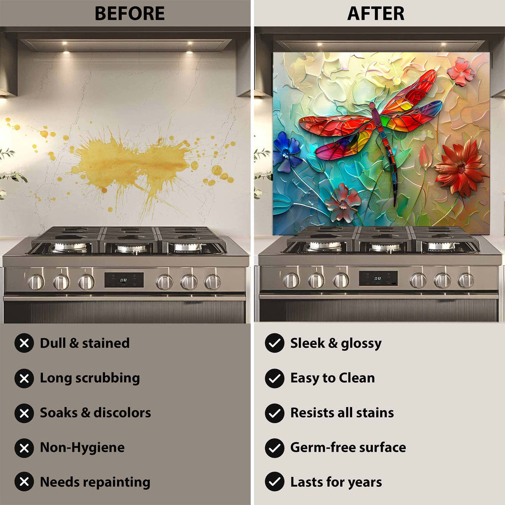 Custom Kitchen Backsplash – Rainbow Dragonfly Tempered Glass Stove Backsplash