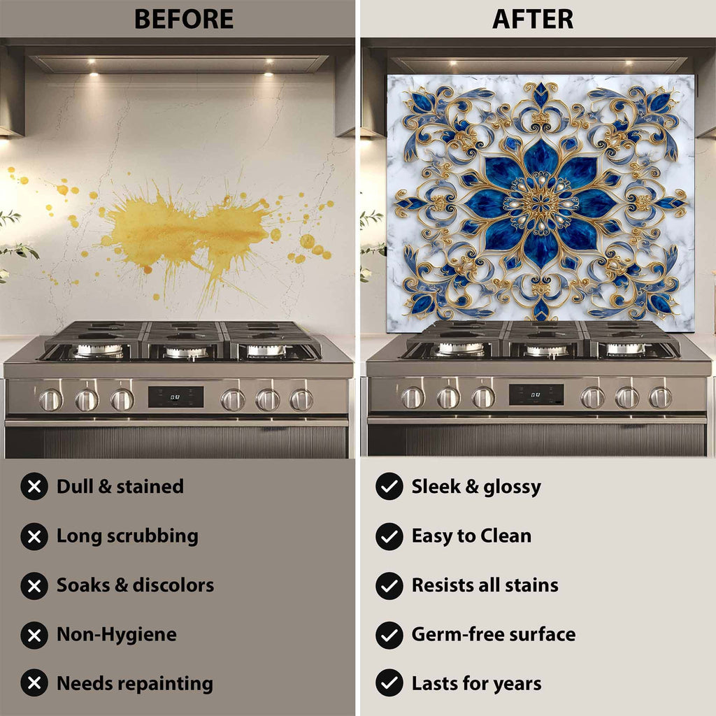 Custom Kitchen Backsplash – Royal Sapphire Tempered Glass Stove Backsplash