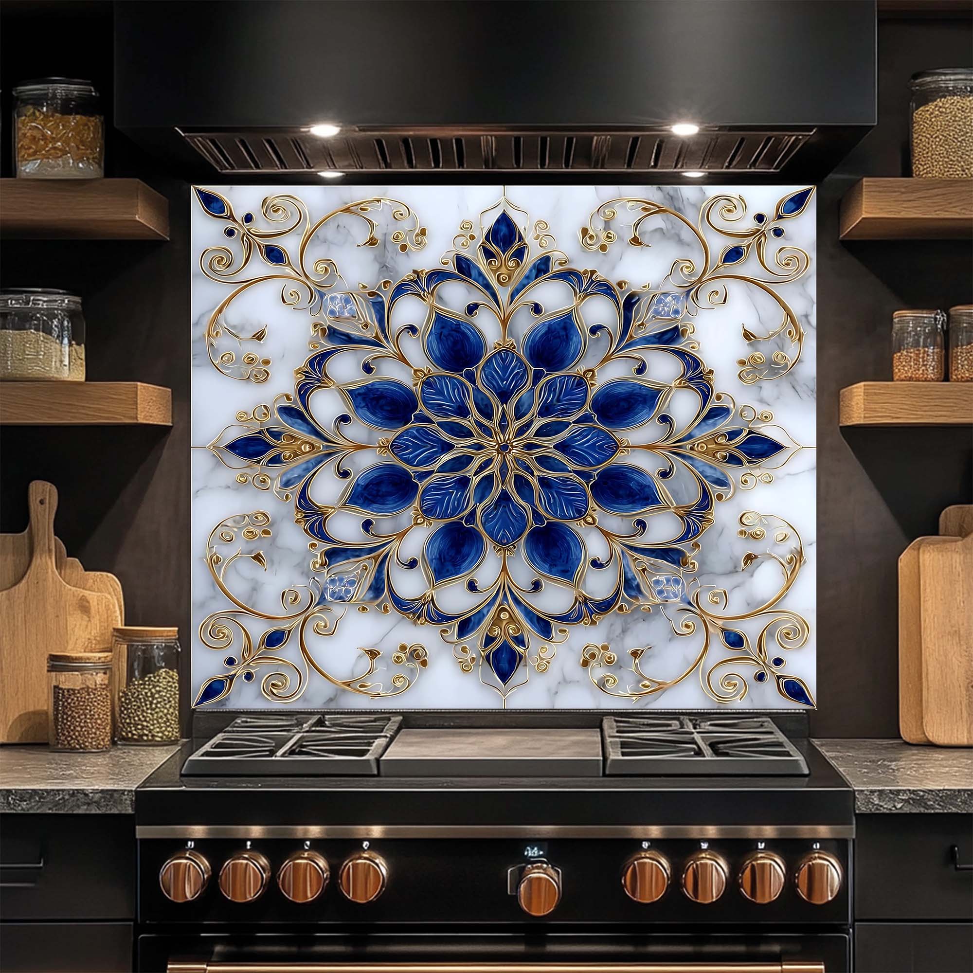 Majestic Sapphire – Tempered Glass Backsplash for Kitchen – Blue & Gold Mandala Splashback