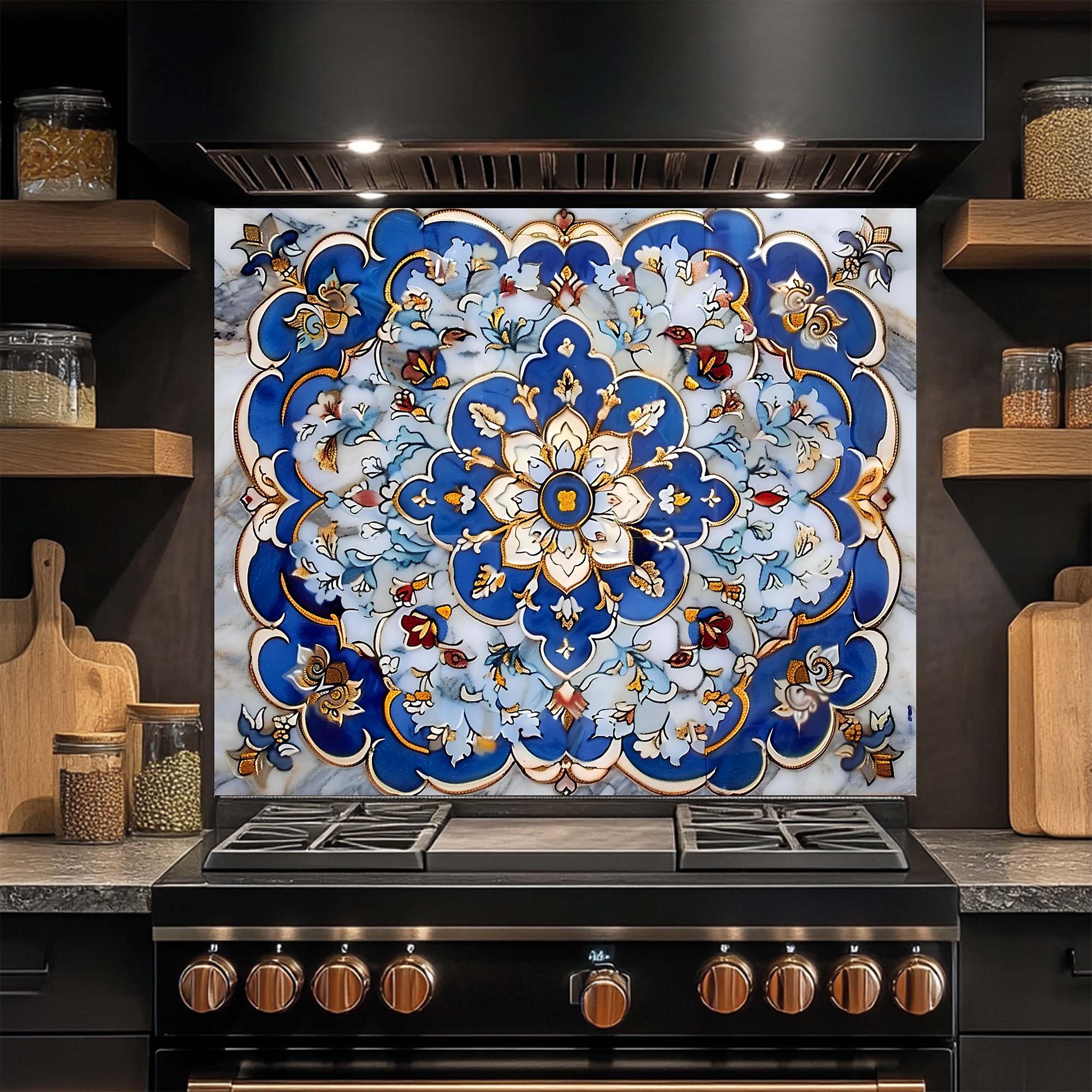 Royal Blue Mandala – Tempered Glass Backsplash for Kitchen – Floral Tile Splashback