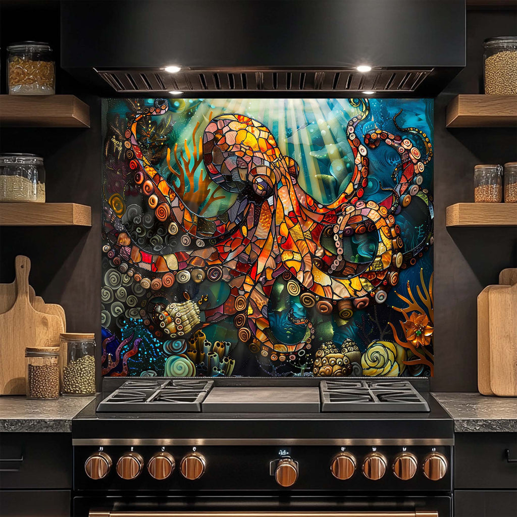Octopus Odyssey – Tempered Glass Backsplash for Kitchen – Stained Glass Look Splashback
