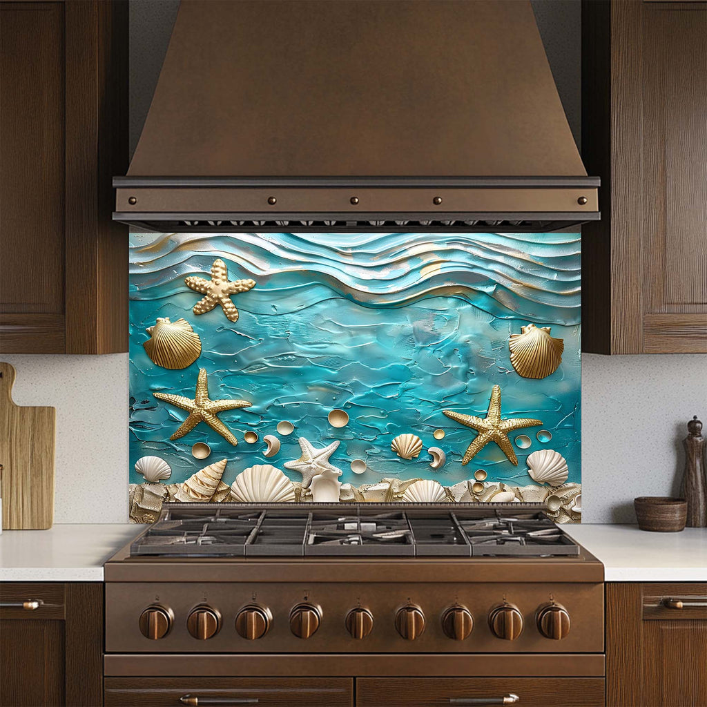 Ocean Breeze – Tempered Glass Backsplash for Kitchen – Coastal Seashell Splashback