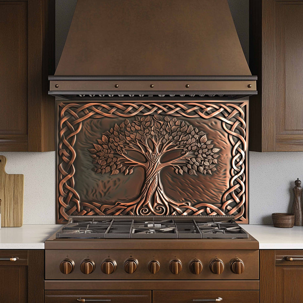 Custom Kitchen Backsplash – Copper Knot Look Tempered Glass Stove Backsplash