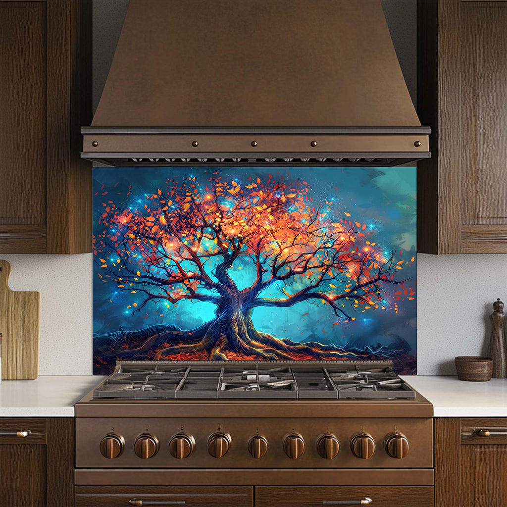 Enchanted Tree of Light – Tempered Glass Backsplash for Kitchen – Nature Splashback