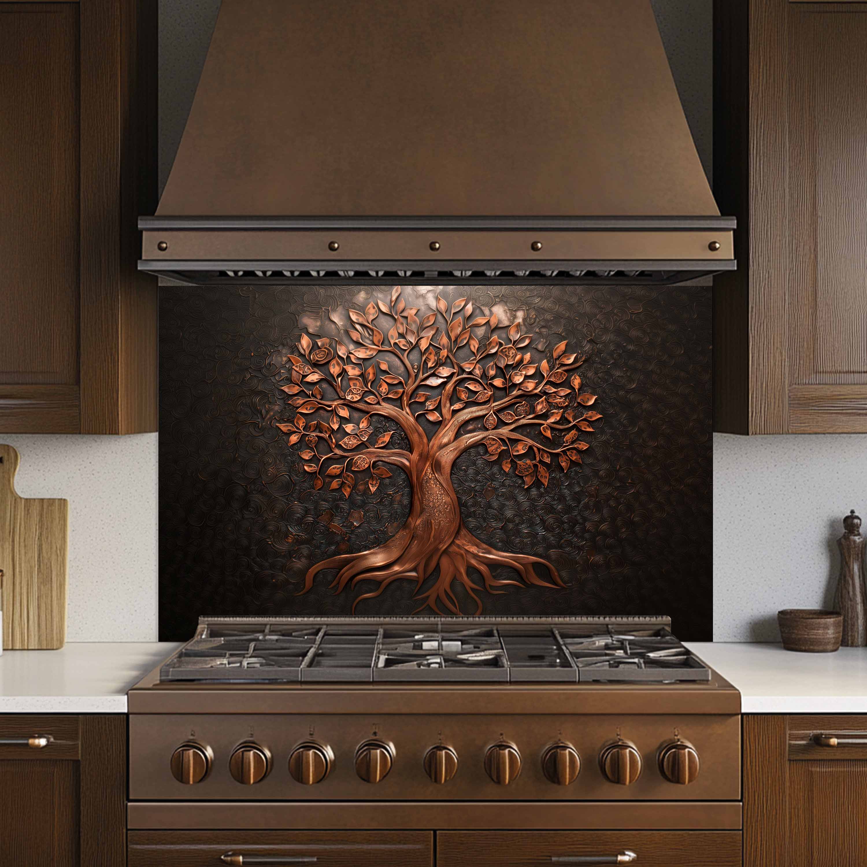Bronze Tree of Life Tempered Glass Backsplash – Elegant Nature-Inspired Kitchen Art