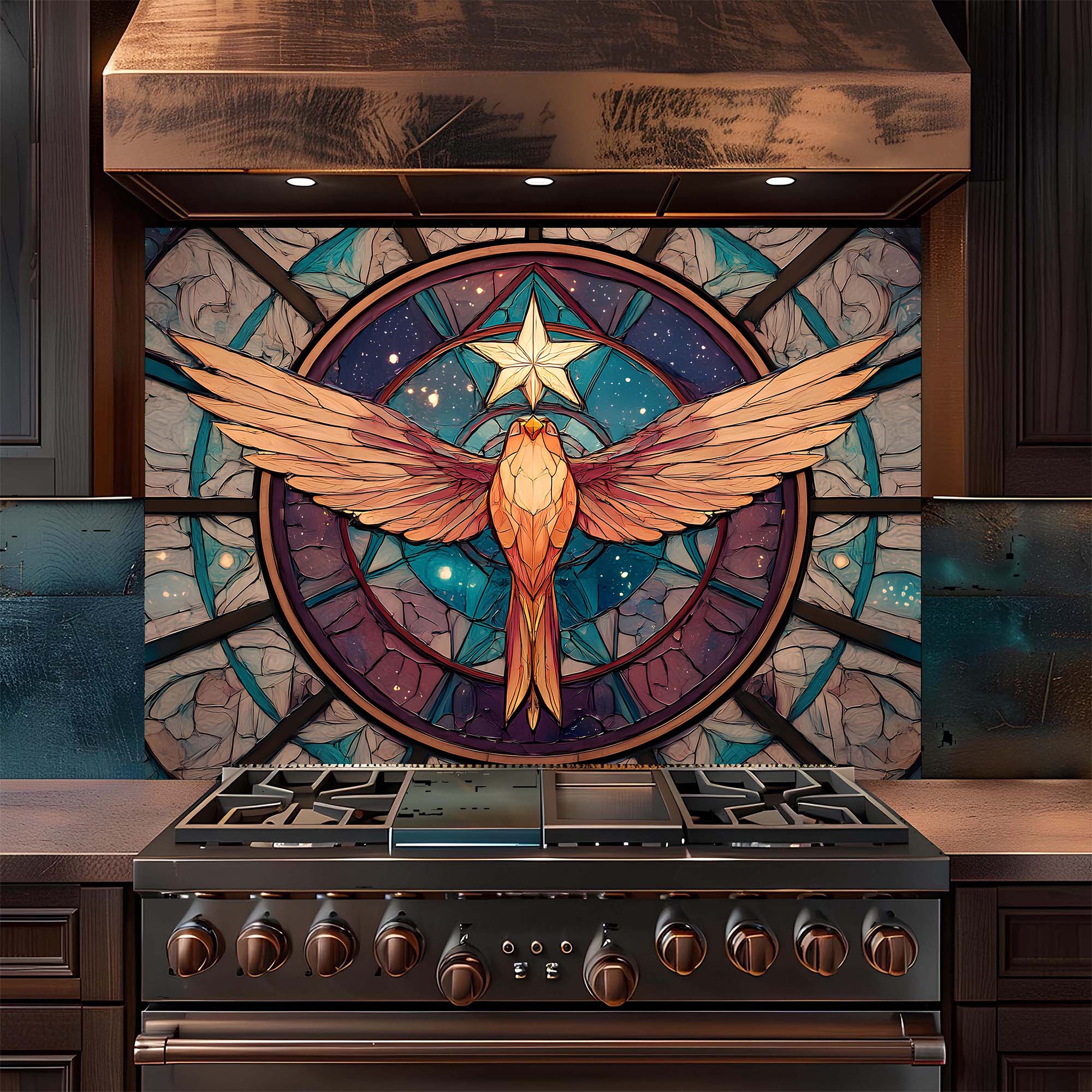 Custom Kitchen Backsplash – Celestial Ascent Tempered Glass Backsplash for Stove