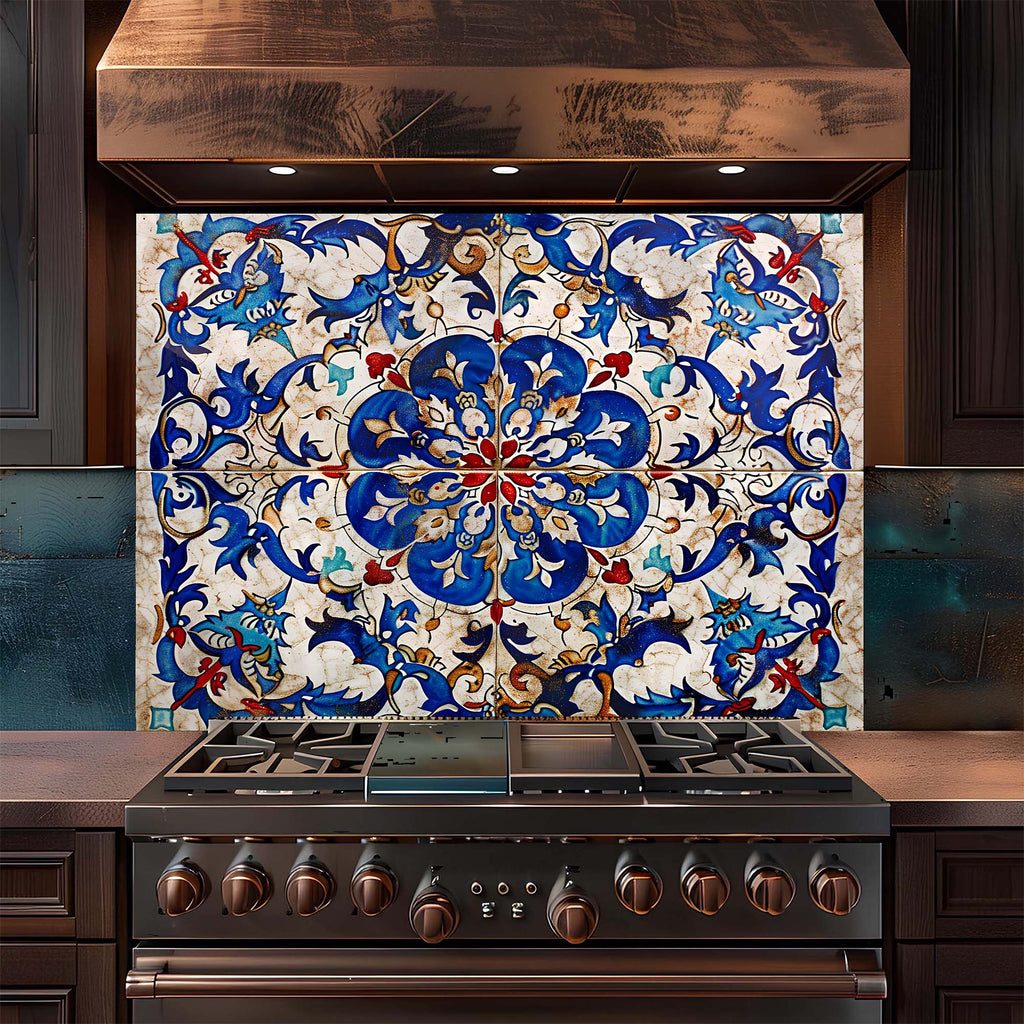 Custom Kitchen Backsplash – Ottoman Blue Tile Tempered Glass Stove Backsplash