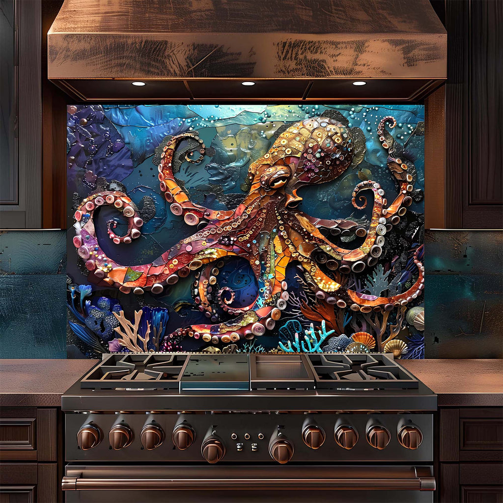 Custom Kitchen Backsplash – Majestic Octopus Tempered Glass Stove Backsplash