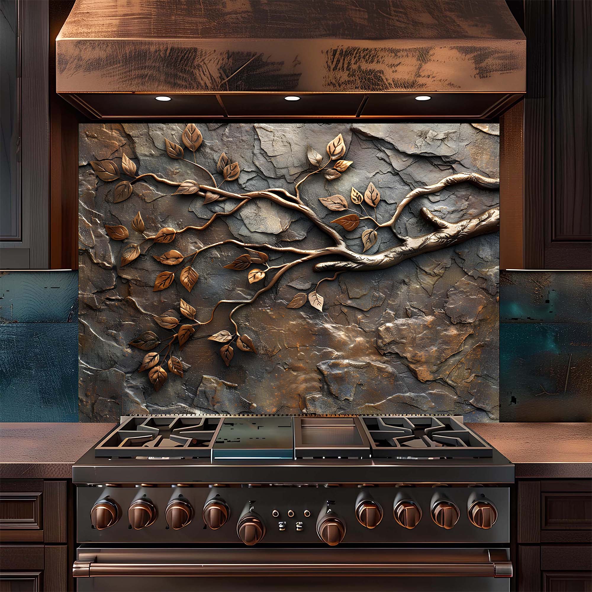 Custom Kitchen Backsplash – Bronze Branches Tempered Glass Stove Backsplash