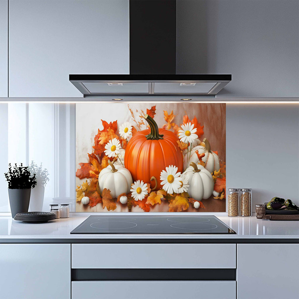 Pumpkin Bloom Tempered Glass Backsplash – Autumn Floral Kitchen Wall Art