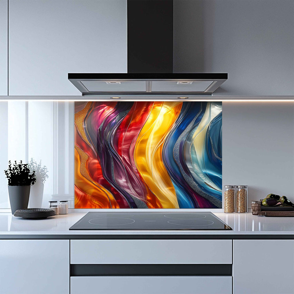Aurora Waves Tempered Glass Backsplash – Modern Abstract Custom Kitchen Wall Panel