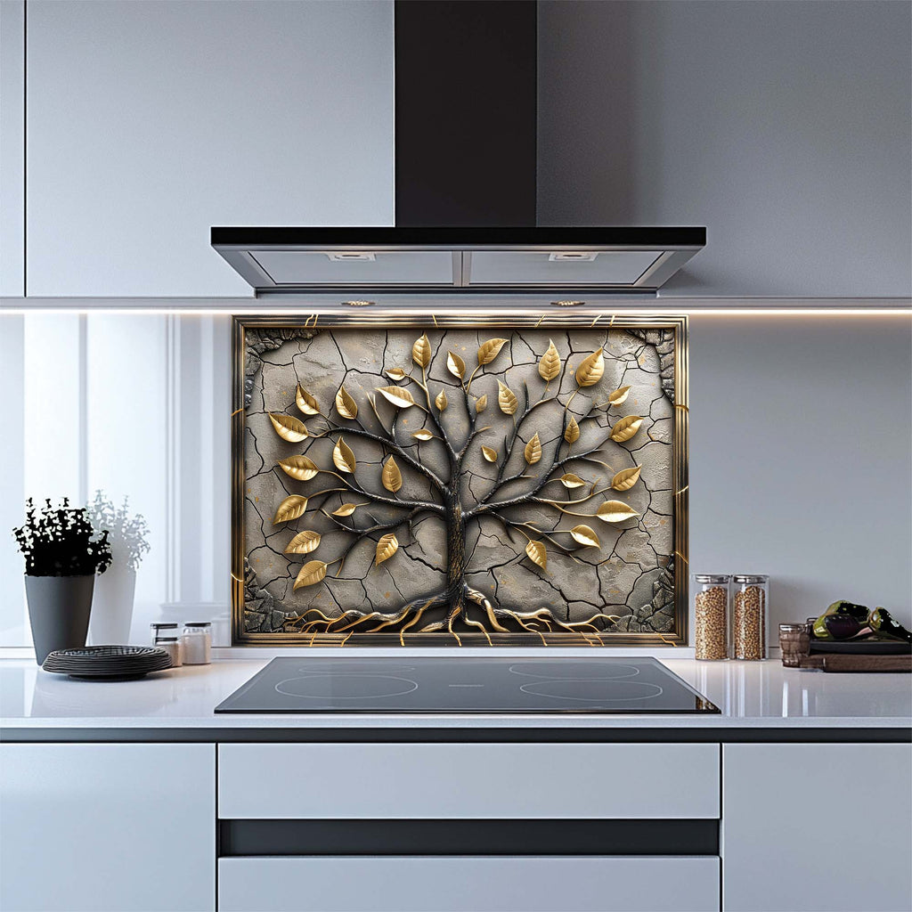 Golden Roots – Tempered Glass Backsplash for Kitchen – Tree of Life Kitchen Splashback