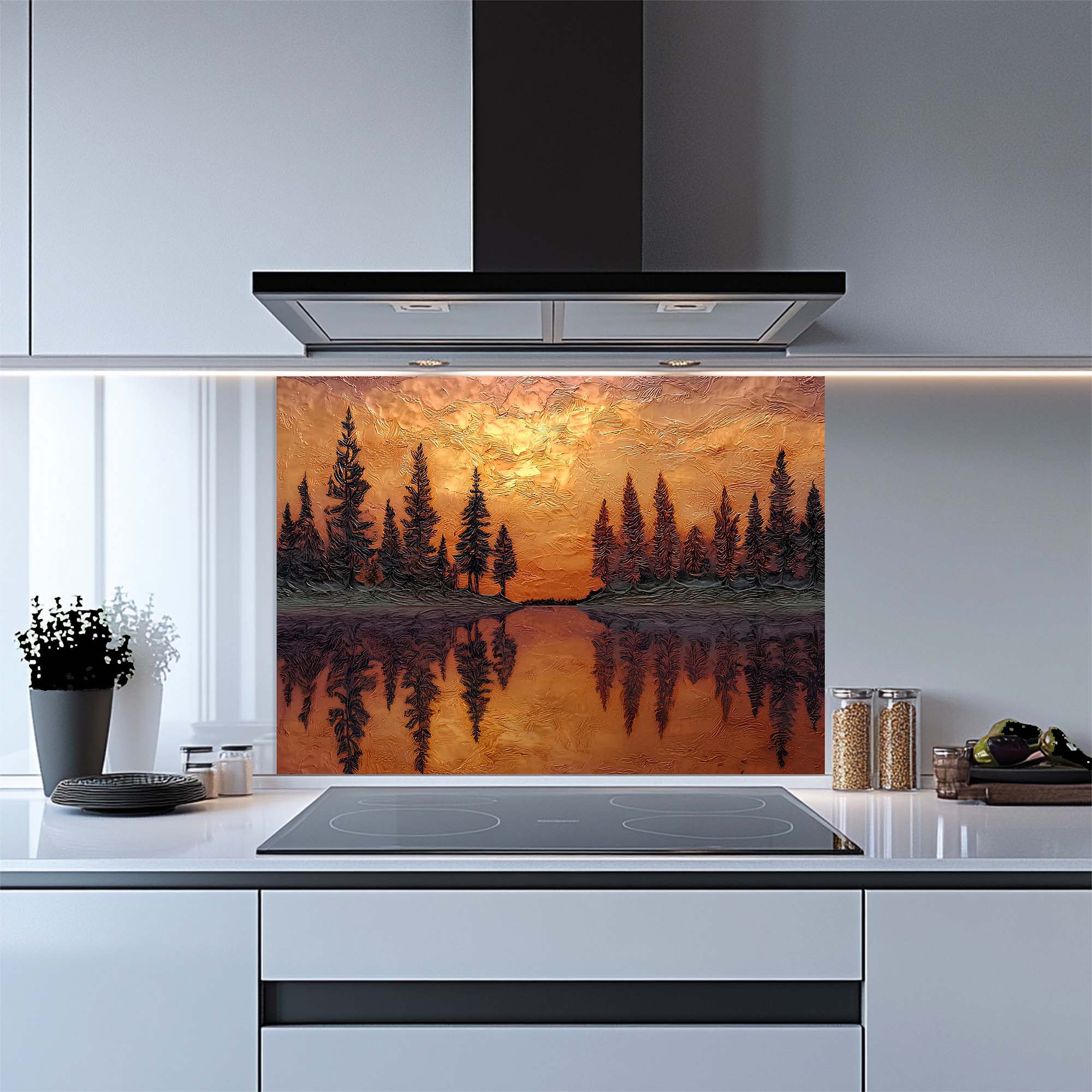 Sunset Reflection – Tempered Glass Backsplash for Kitchen – Copper Look Glass Backsplash