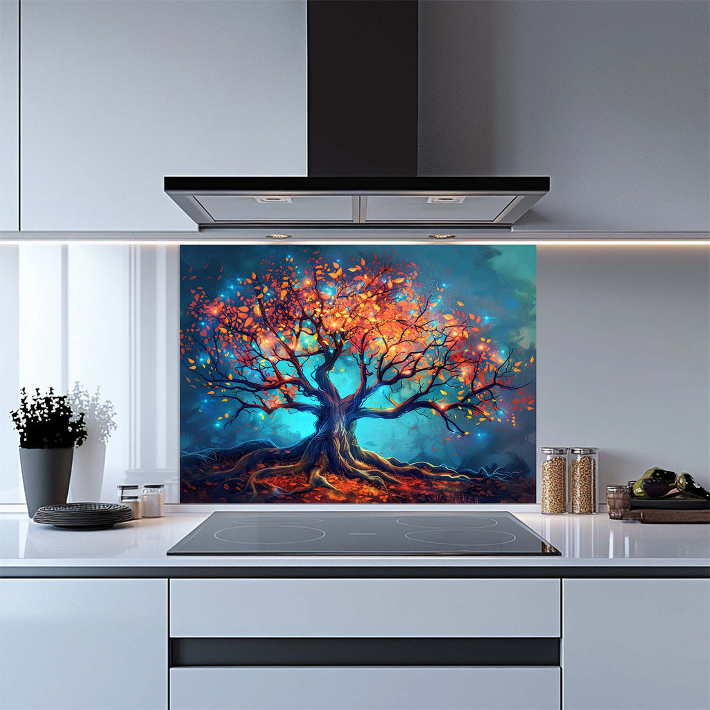 Enchanted Tree of Light – Tempered Glass Backsplash for Kitchen – Nature Splashback