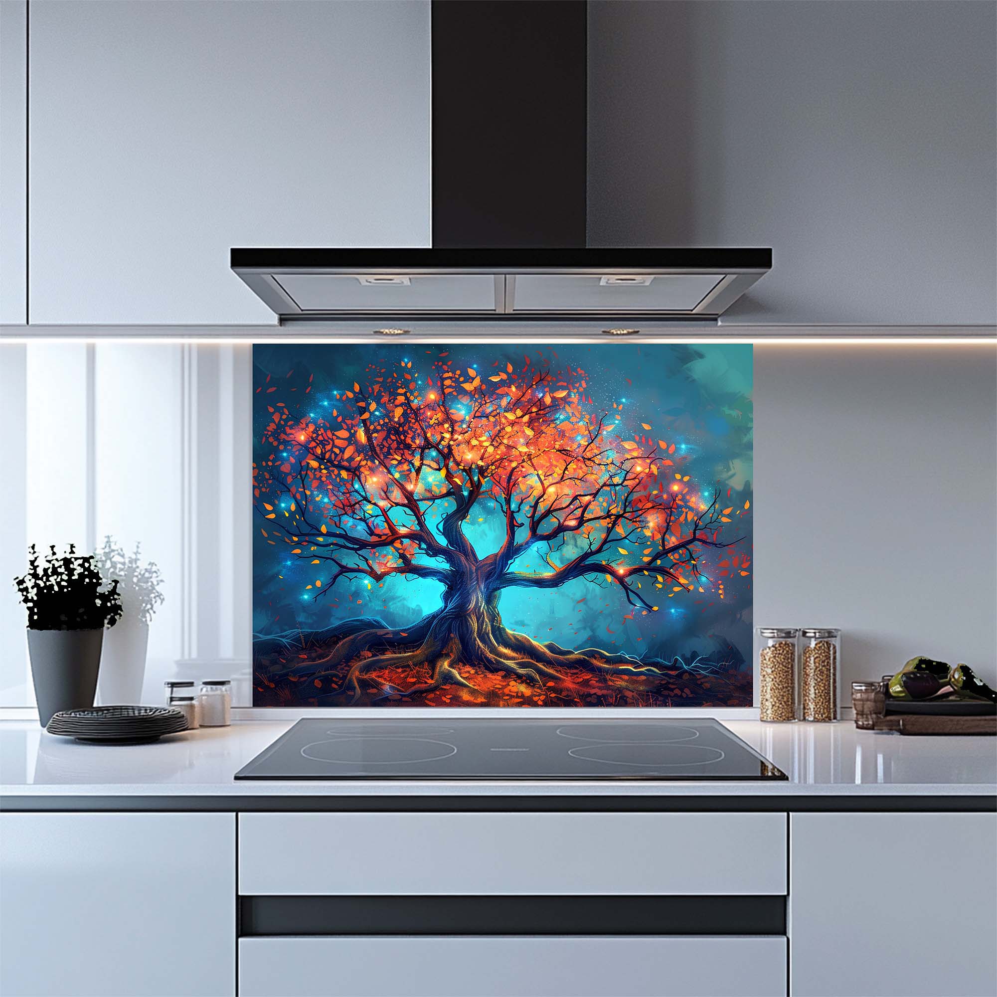Enchanted Tree of Light – Tempered Glass Backsplash for Kitchen – Nature Splashback