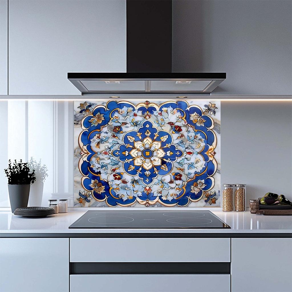 Royal Blue Mandala – Tempered Glass Backsplash for Kitchen – Floral Tile Splashback
