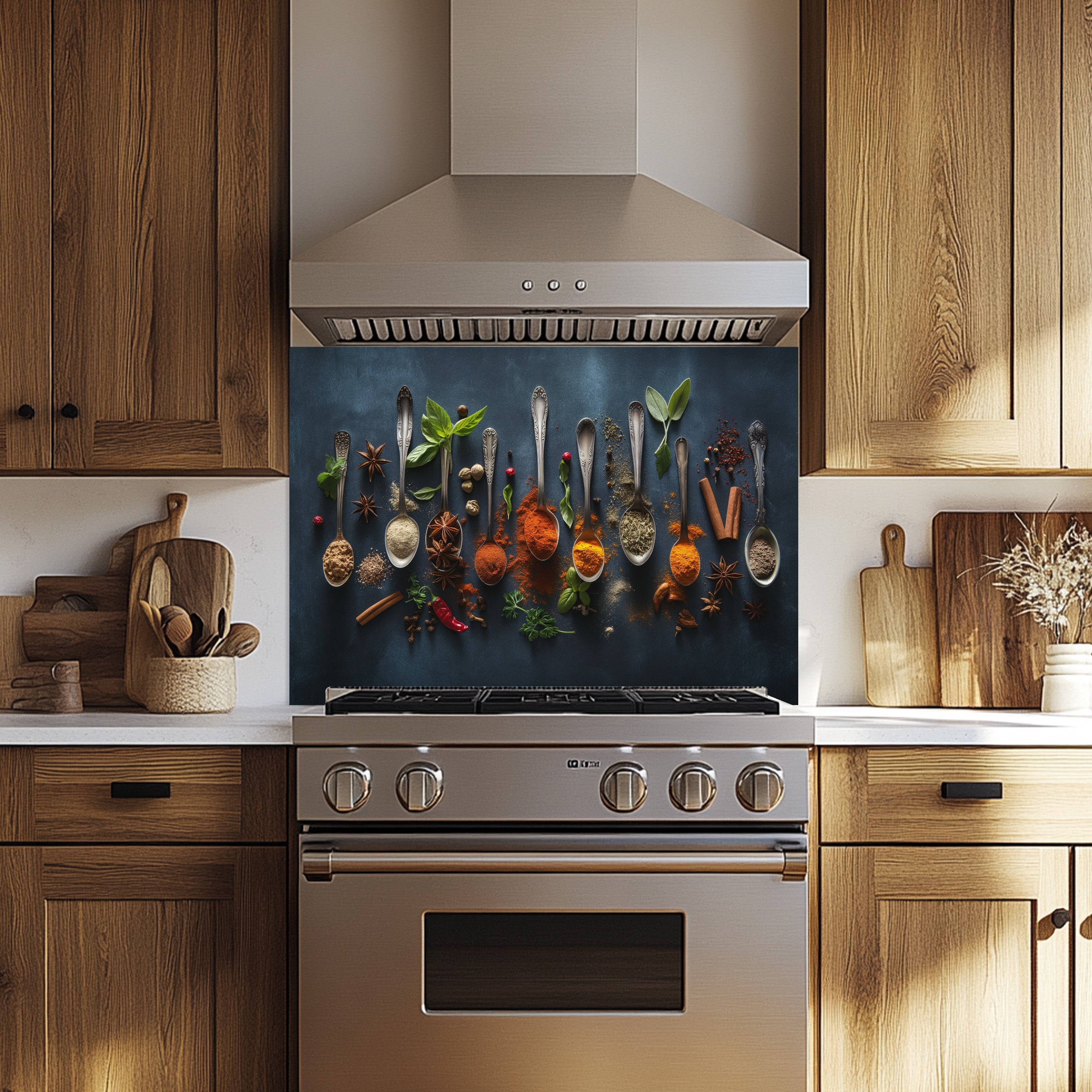 Culinary Symphony Tempered Glass Backsplash – Spice Art Kitchen Wall Decor