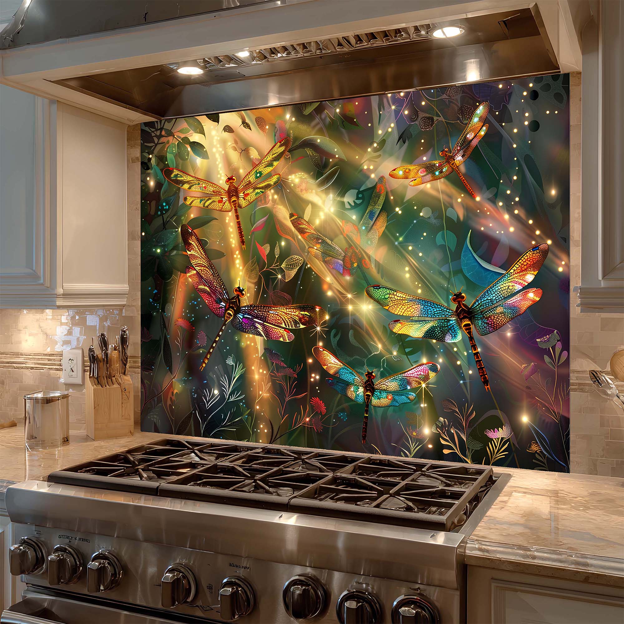Custom Kitchen Backsplash – Enchanted Flight Tempered Glass Stove Backsplash