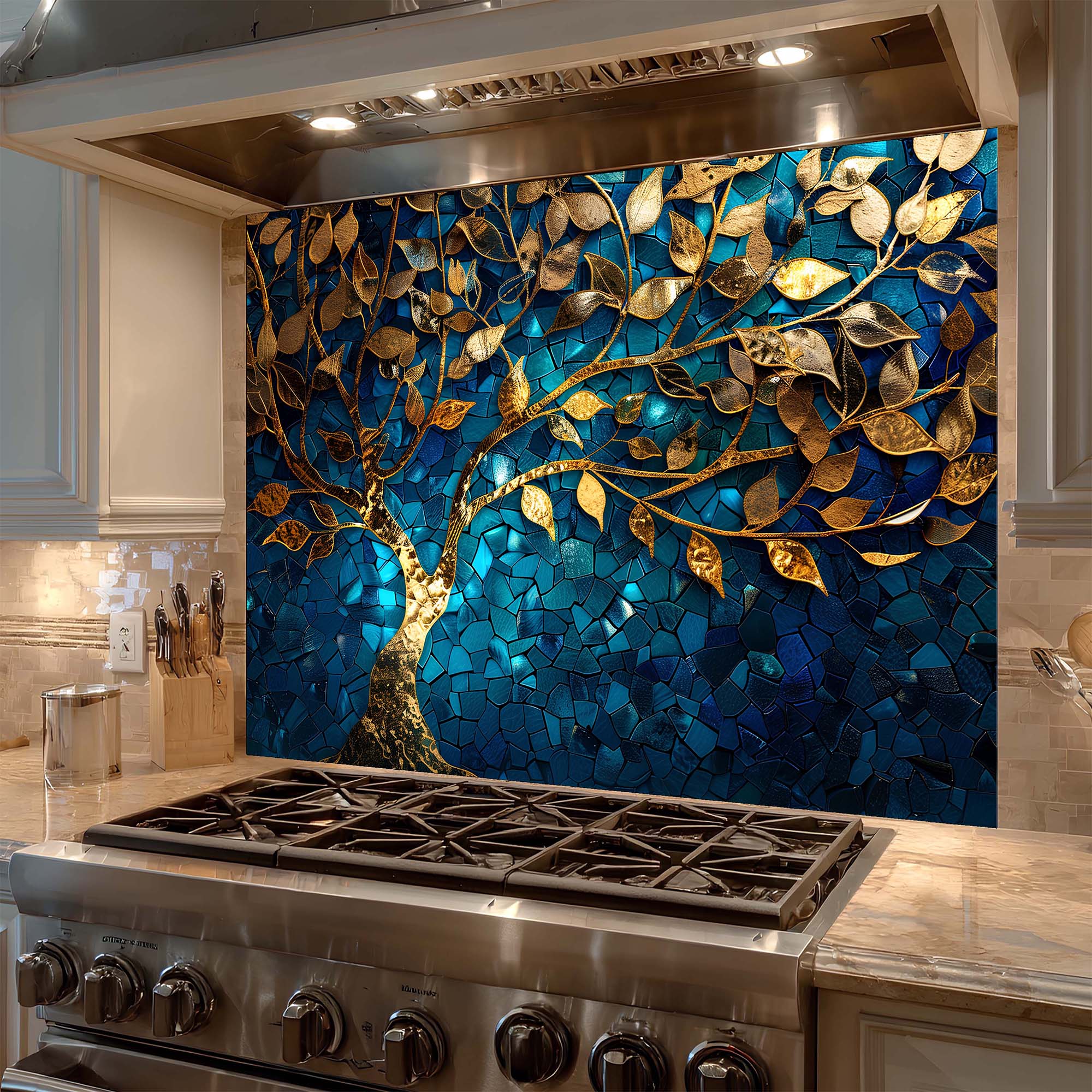 Custom Kitchen Backsplash – Golden Mosaic Look Tree Tempered Glass Backsplash